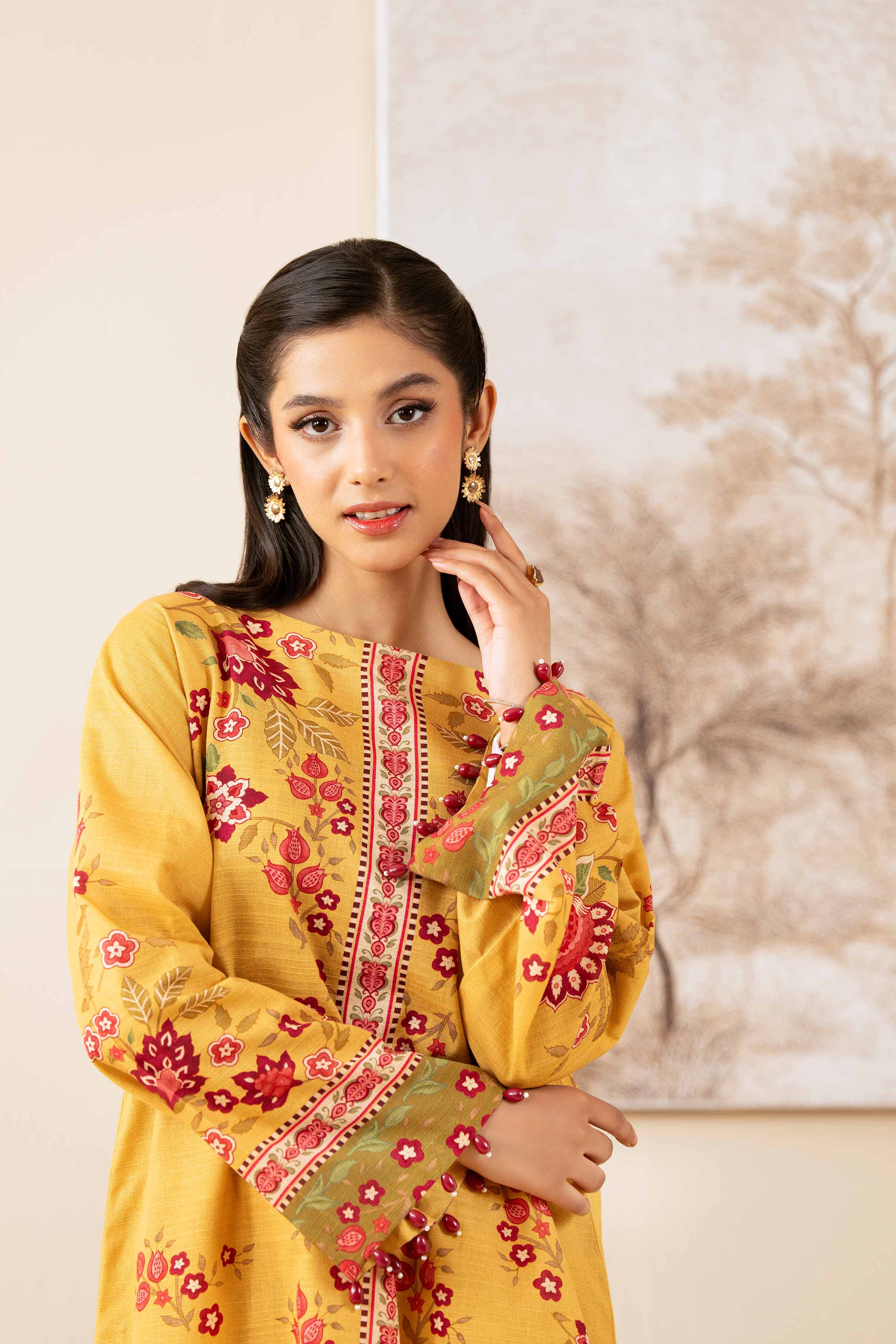 NISHATUAE - Mustard Printed Khaddar 2-piece Unstitched Dress