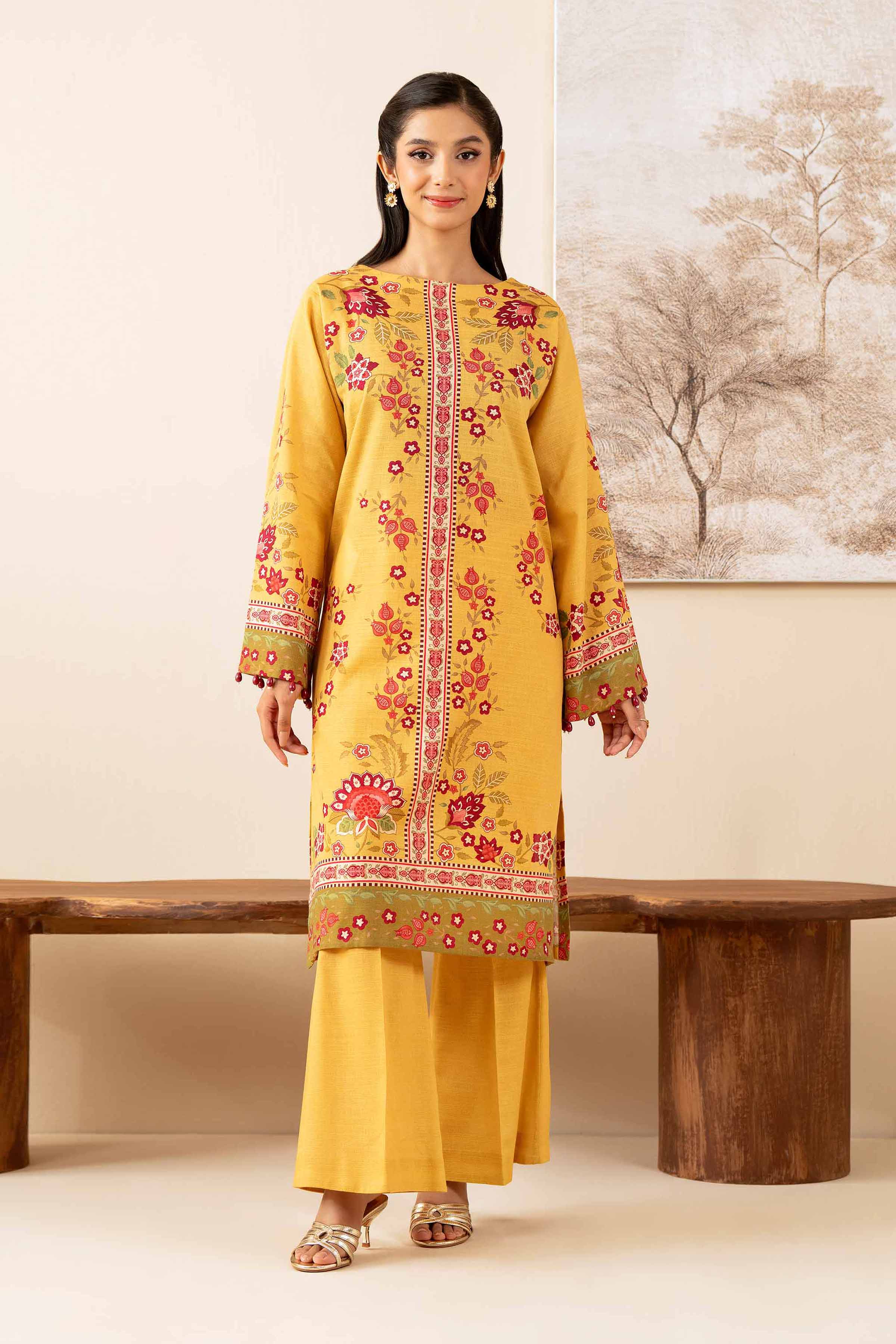 NISHATUAE - Mustard Printed Khaddar 2-piece Unstitched Dress