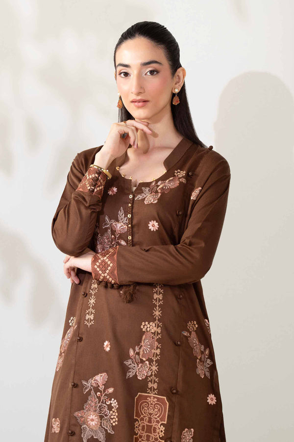 NISHATUAE - Brown Embroidered Karandi 2-piece Unstitched Dress