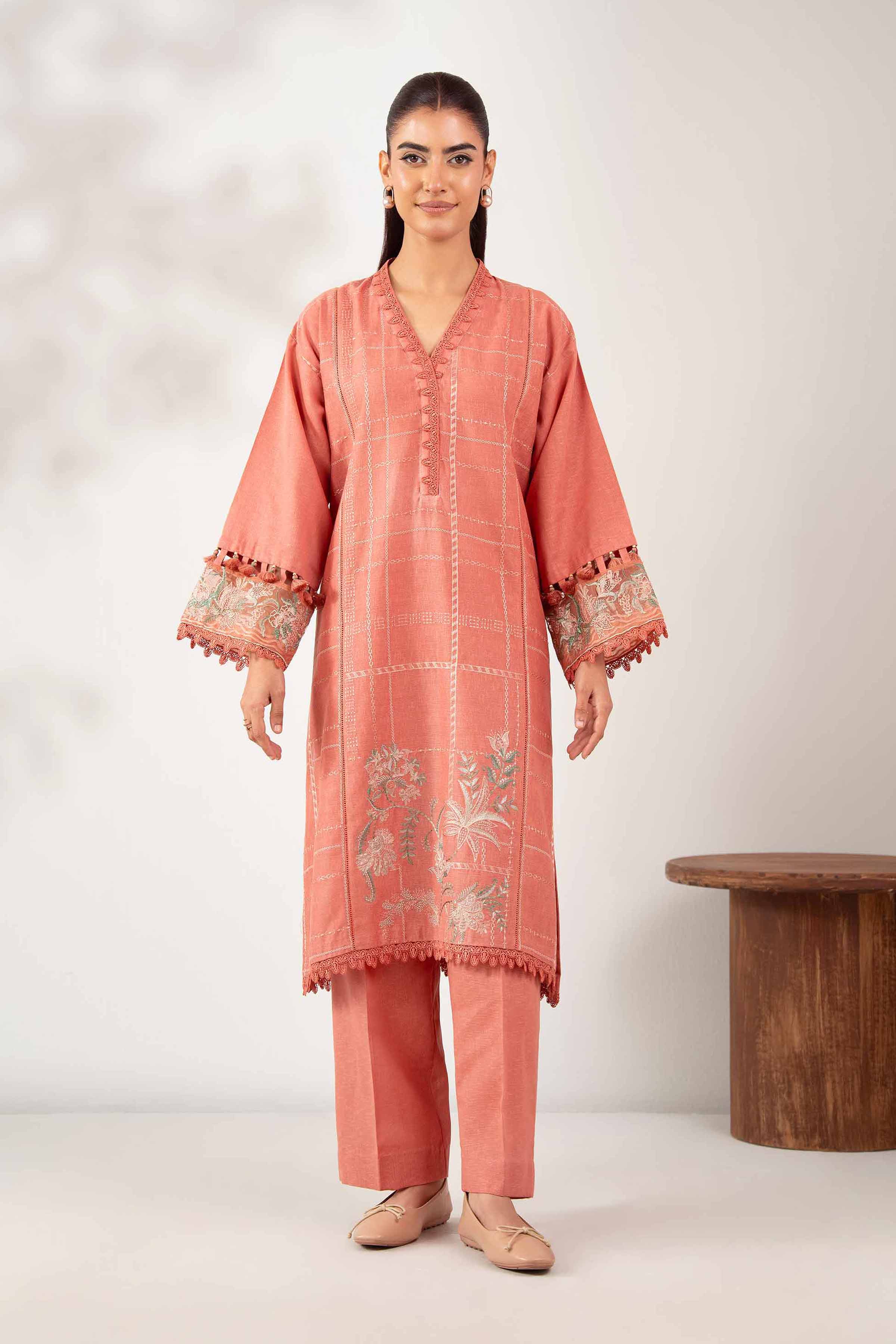 NISHATUAE - Coral Embroidered Karandi 2-piece Unstitched Dress