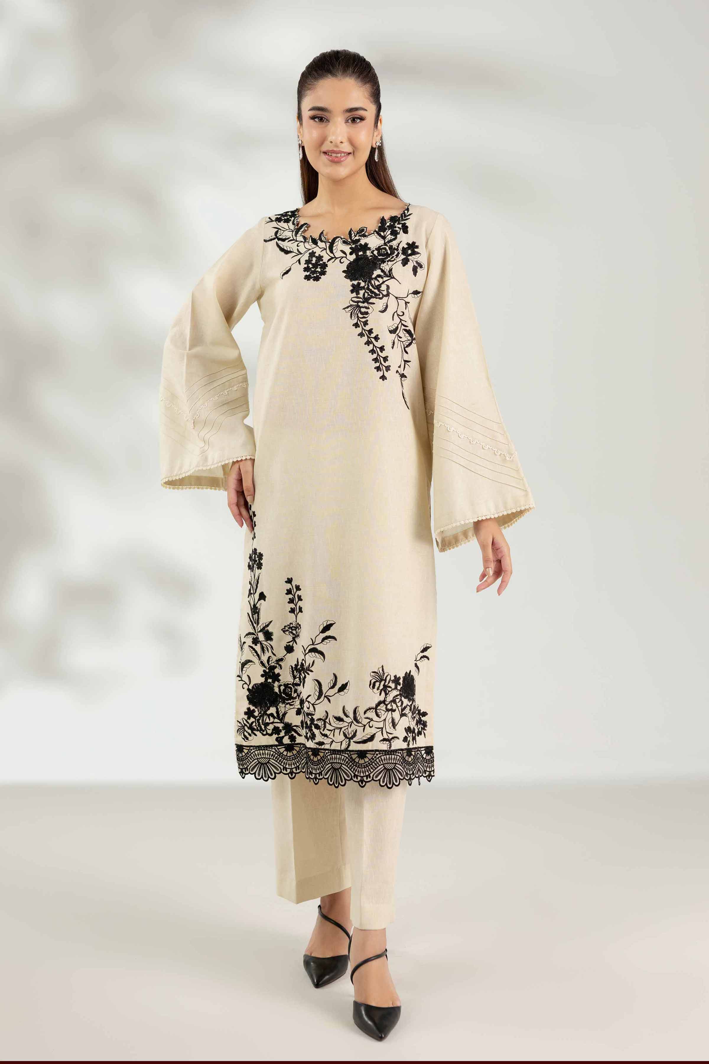 NISHATUAE - Off White Embroidered Karandi 2-piece Unstitched Dress