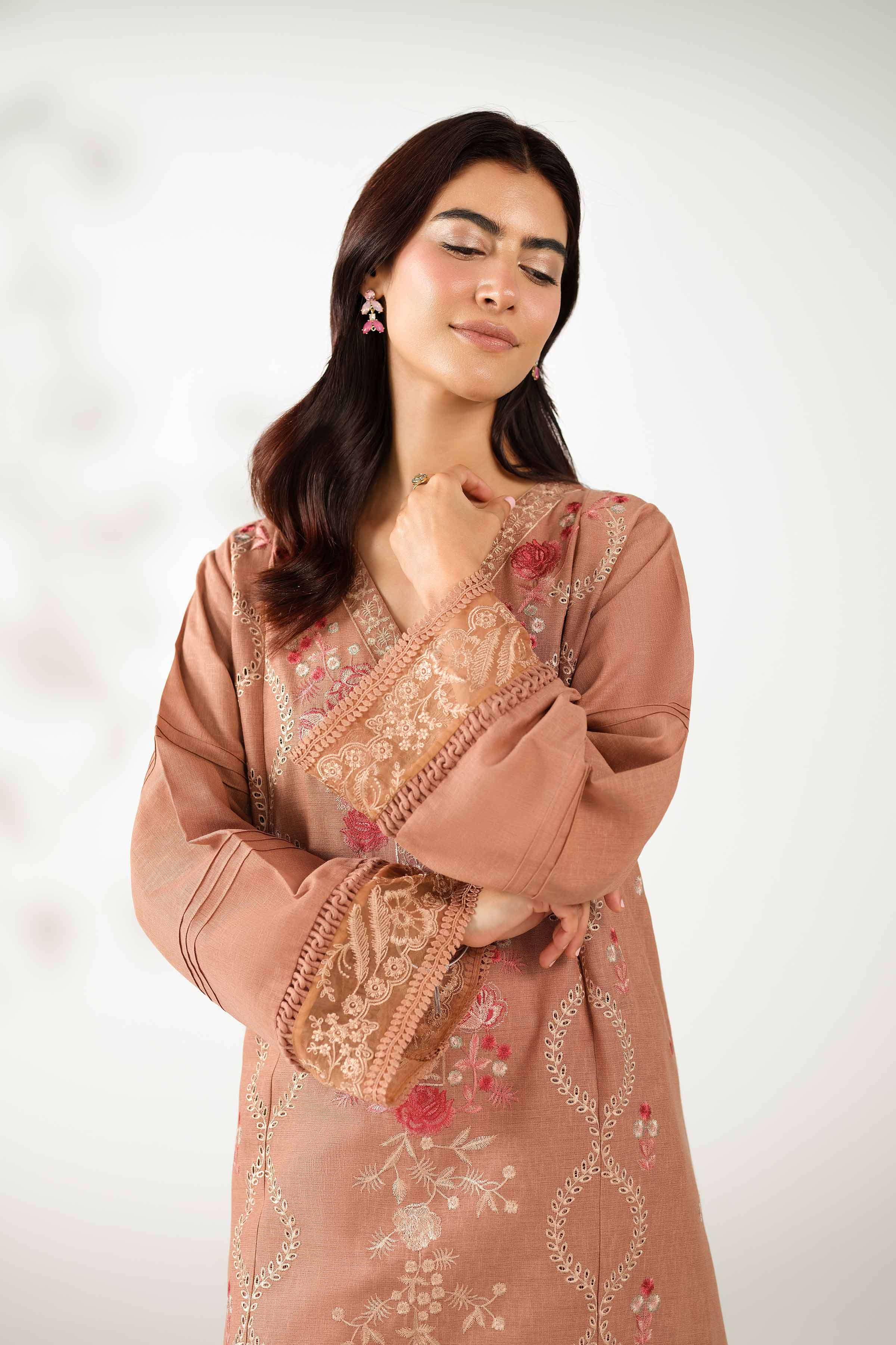 NISHATUAE - Brown Embroidered Karandi 2-piece Unstitched Dress