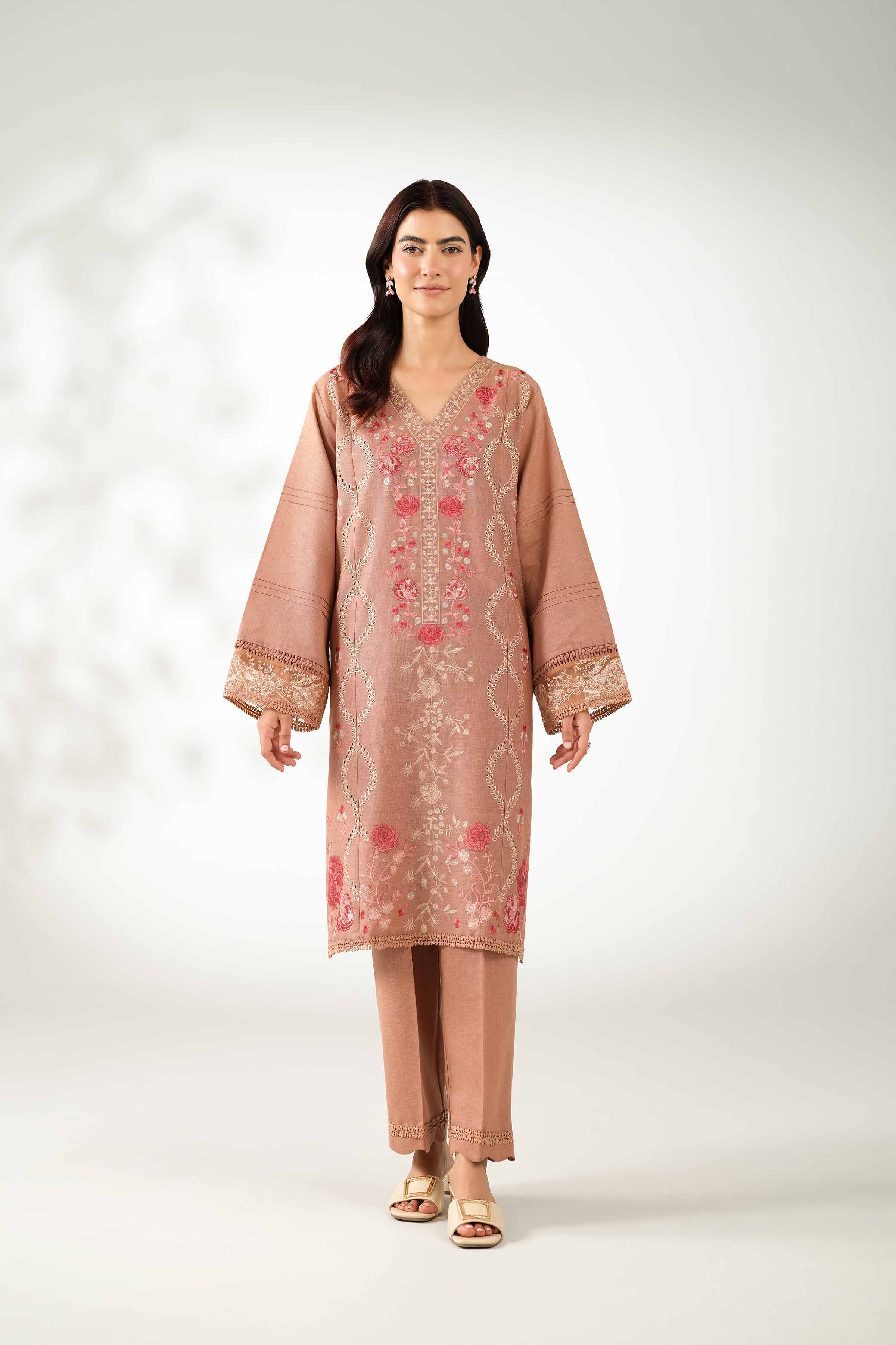 NISHATUAE - Brown Embroidered Karandi 2-piece Unstitched Dress
