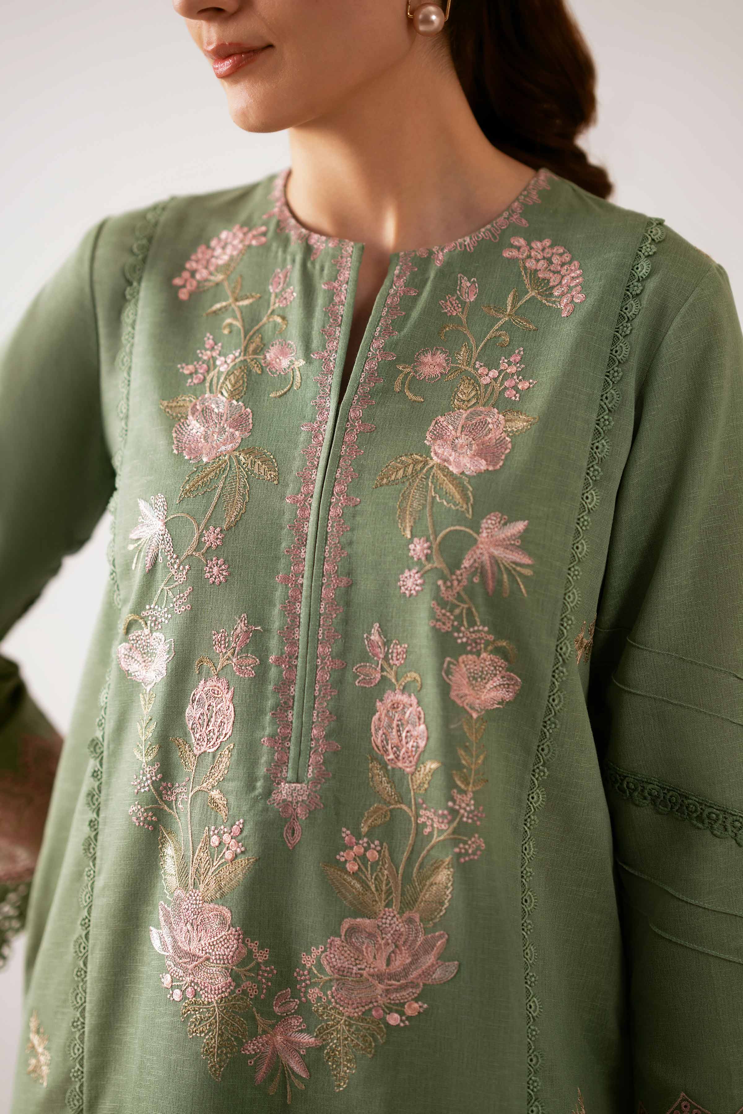 NISHATUAE - Green Embroidered Karandi 2-piece Unstitched Dress