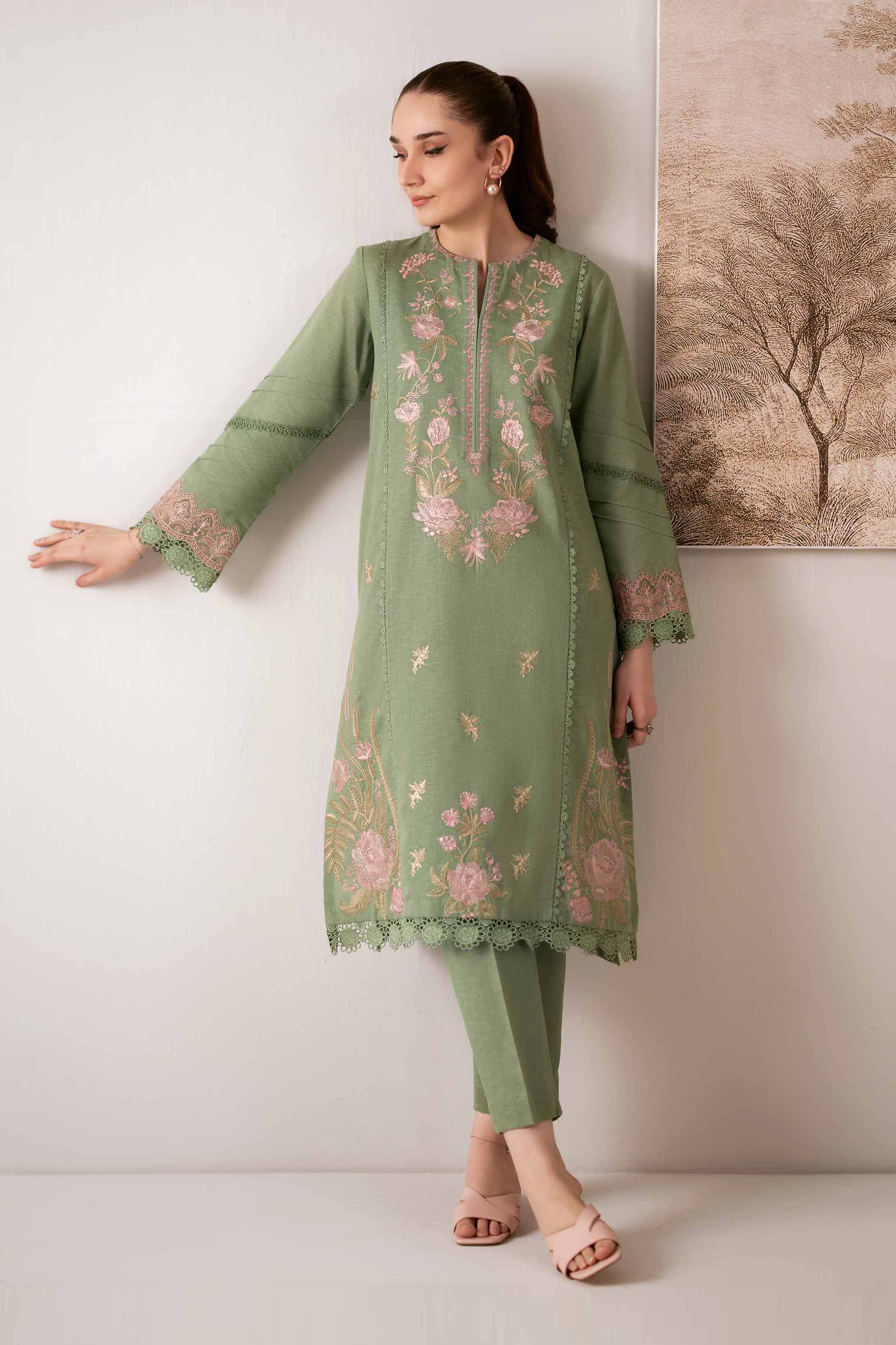 NISHATUAE - Green Embroidered Karandi 2-piece Unstitched Dress