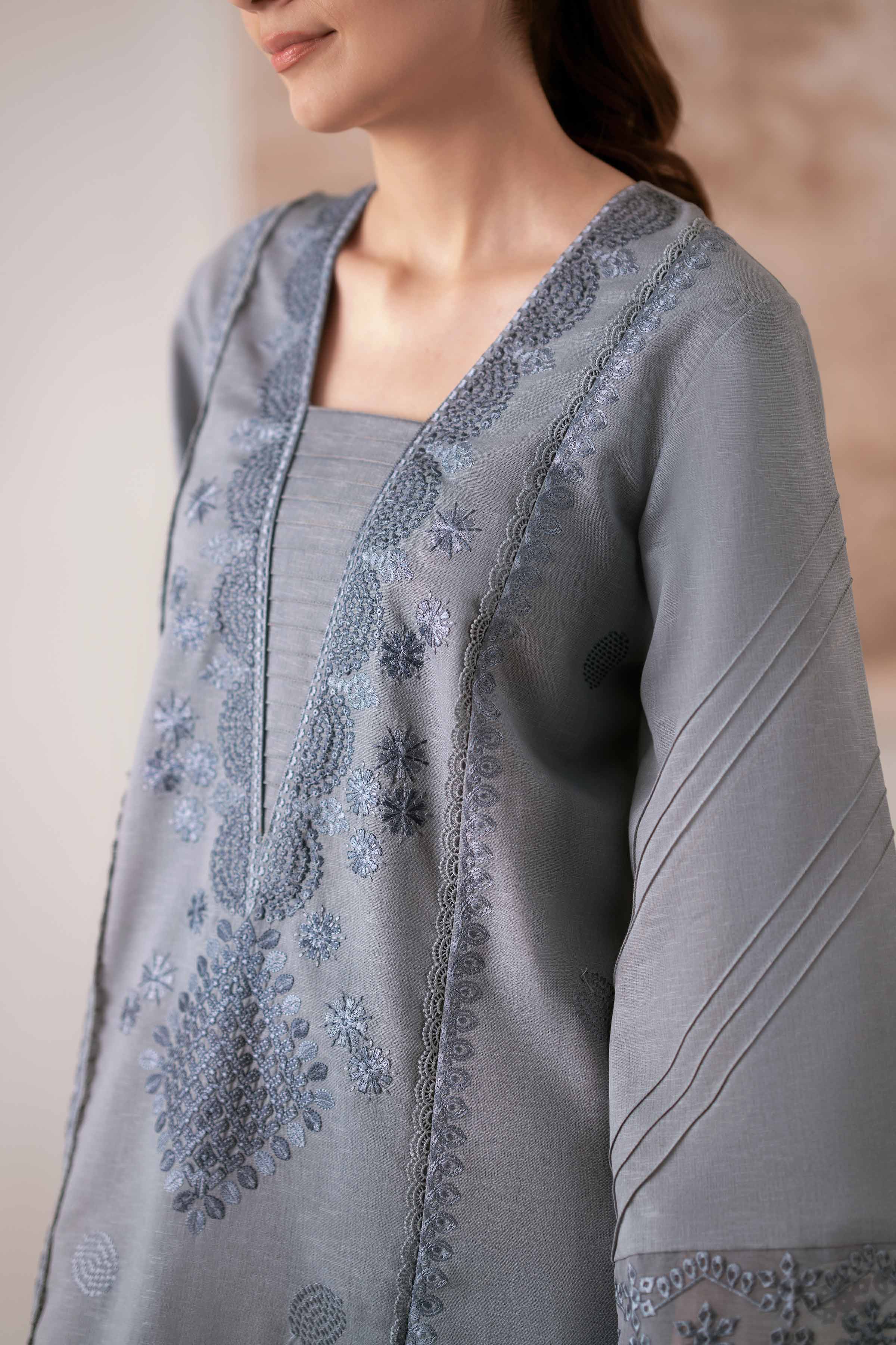 NISHATUAE - Grey Embroidered Karandi 2-piece Unstitched Dress