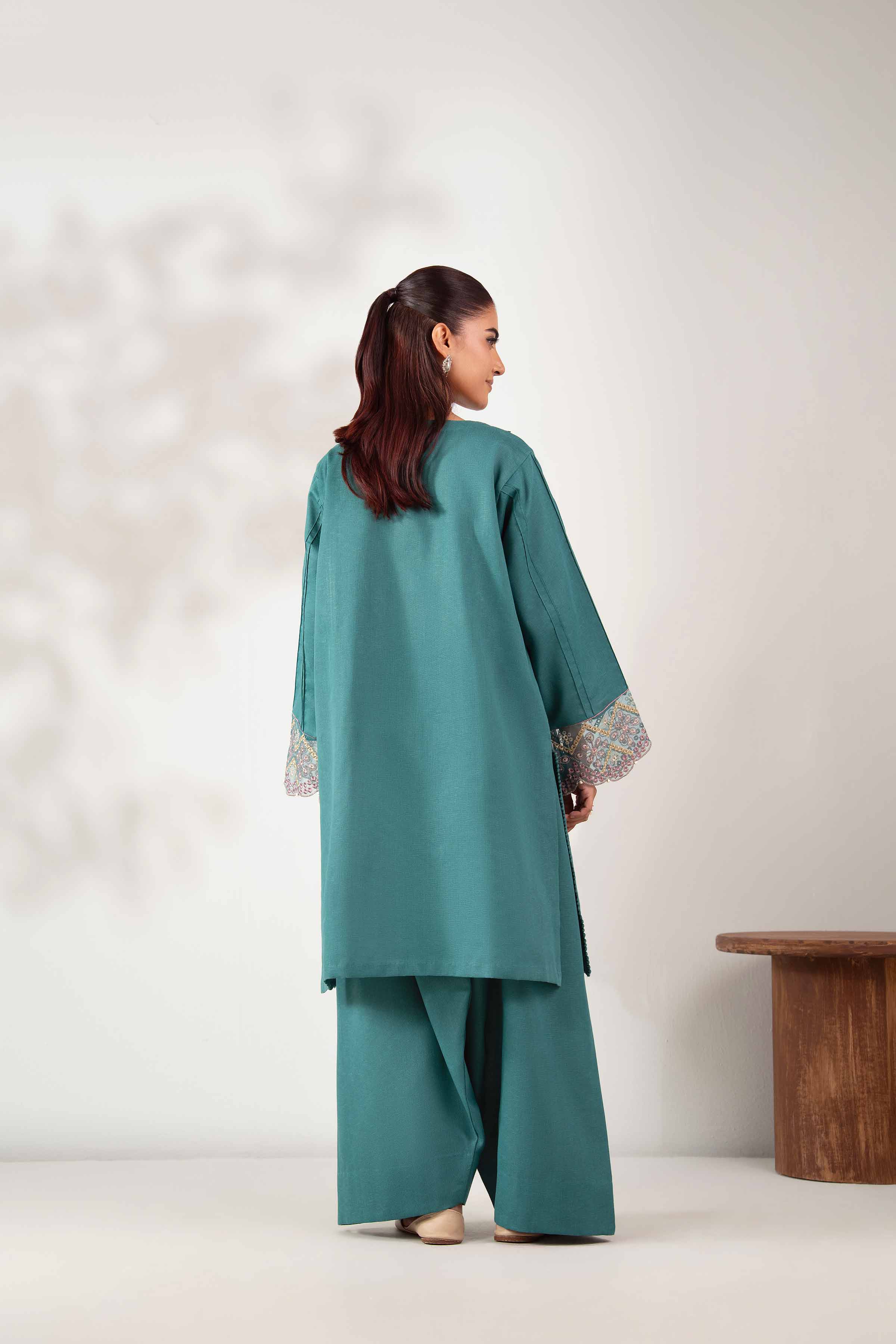 NISHATUAE - Green Embroidered Karandi 2-piece Unstitched Dress