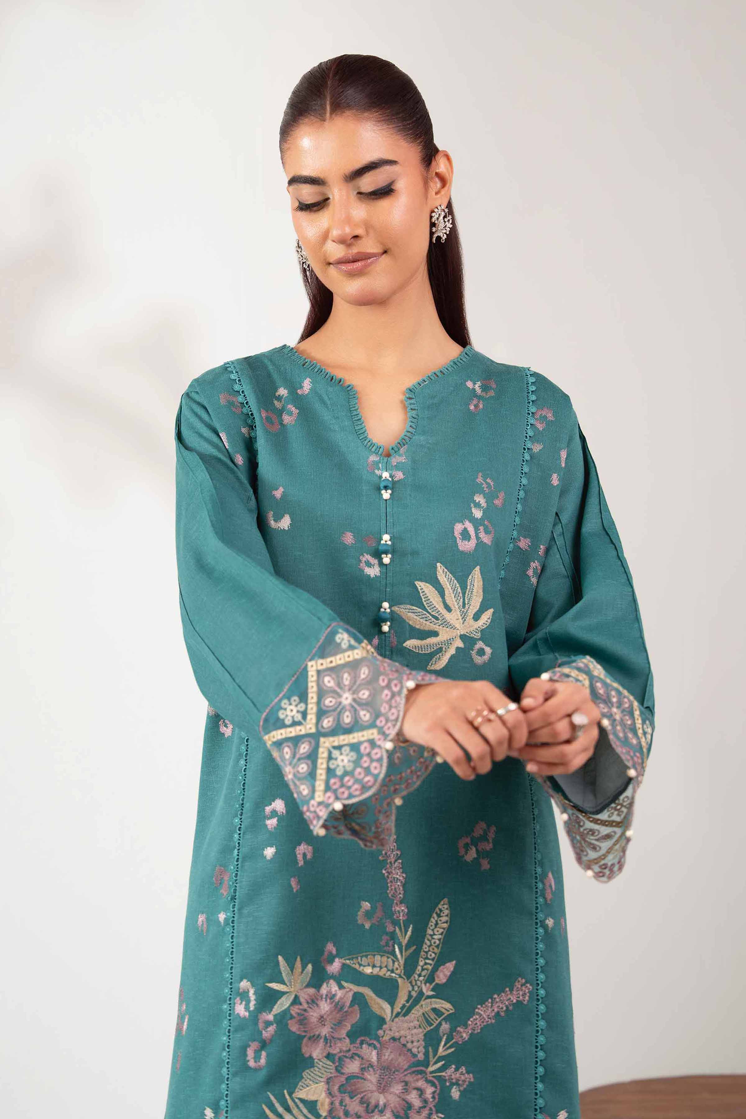 NISHATUAE - Green Embroidered Karandi 2-piece Unstitched Dress
