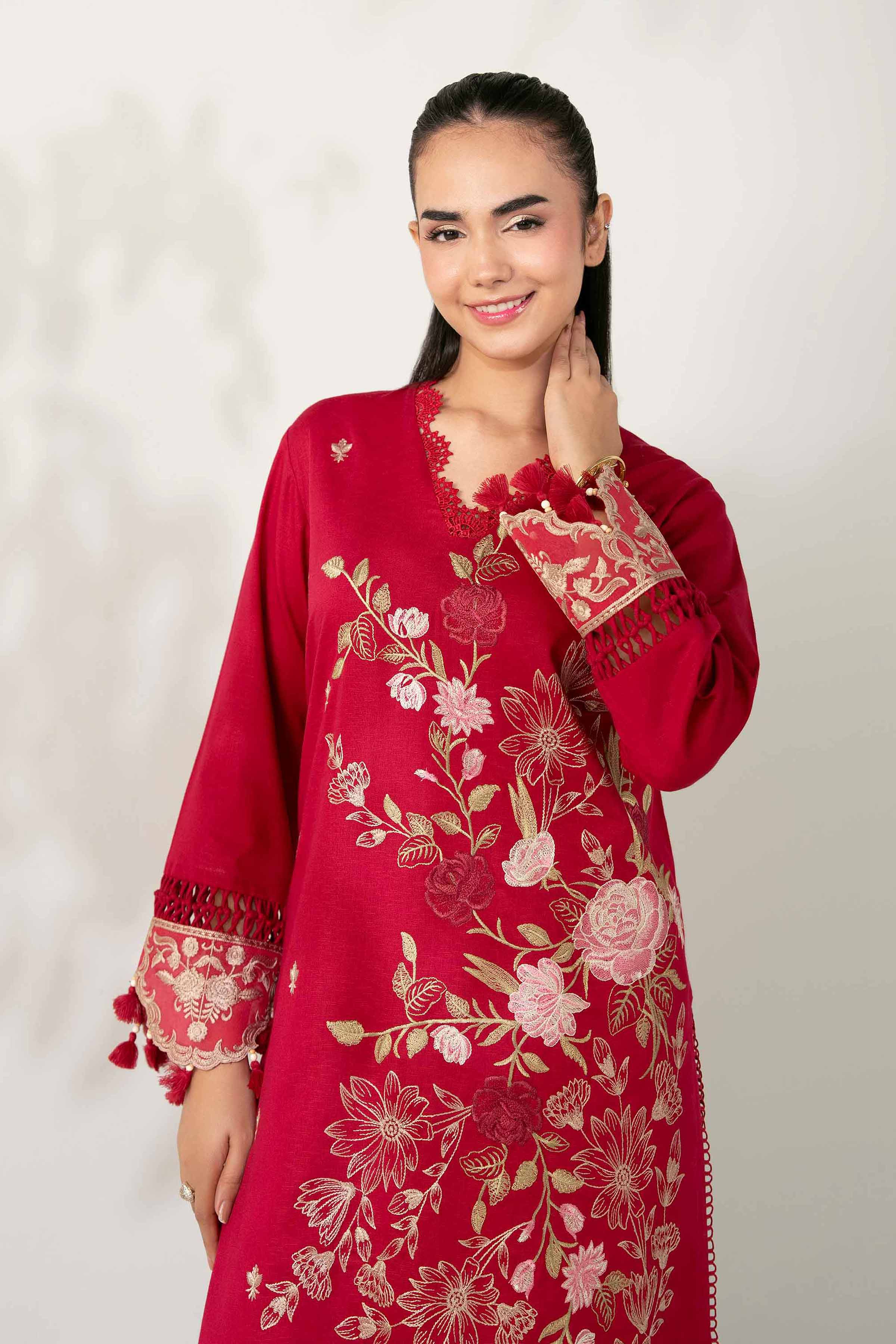 NISHATUAE - Red Embroidered Karandi 2-piece Unstitched Dress
