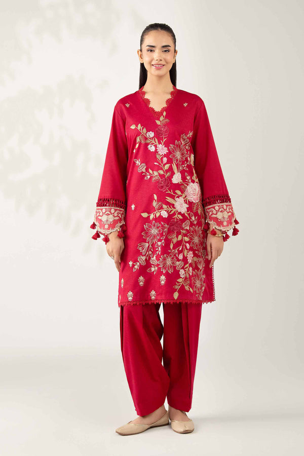 NISHATUAE - Red Embroidered Karandi 2-piece Unstitched Dress