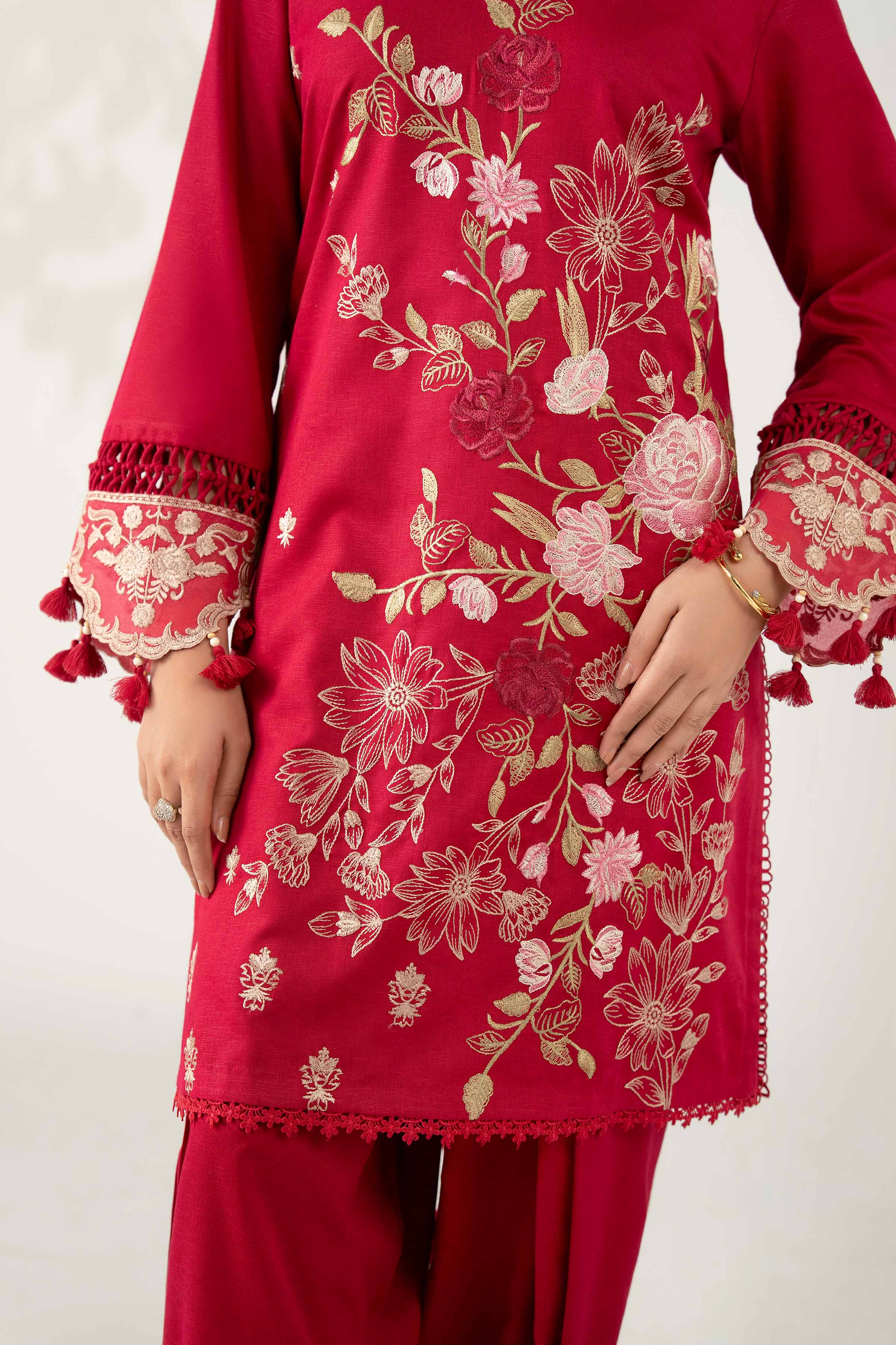 NISHATUAE - Red Embroidered Karandi 2-piece Unstitched Dress