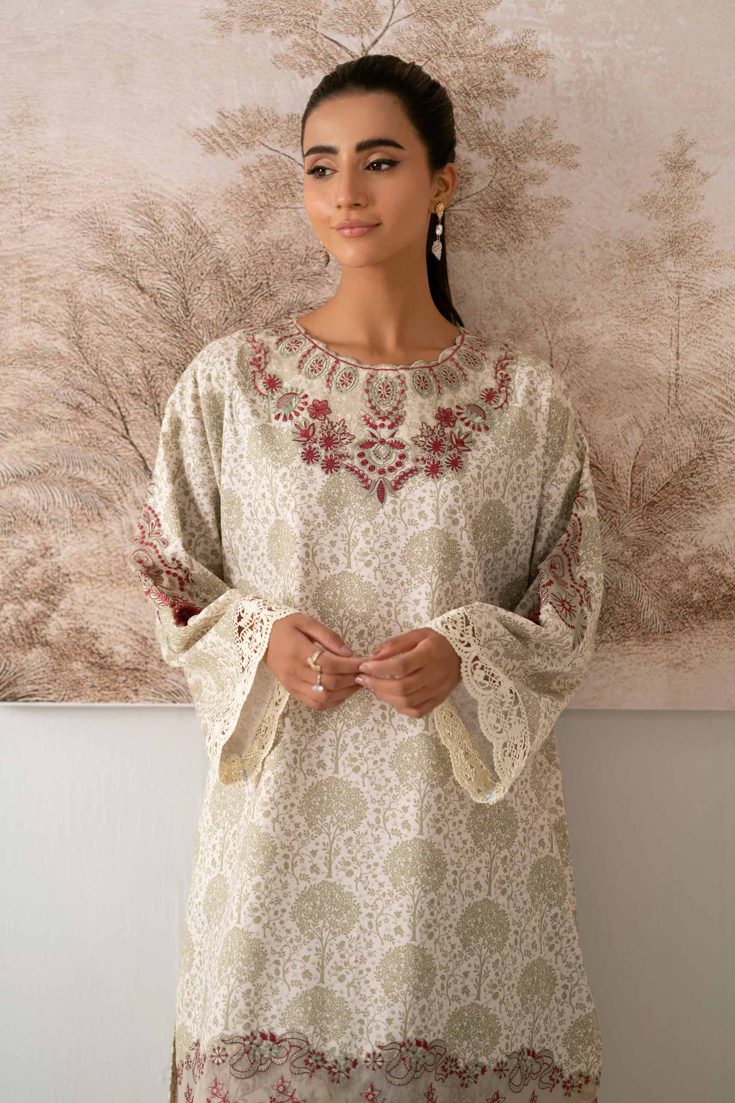 NISHATUAE - Off White Embroidered Karandi 2-piece Unstitched Dress