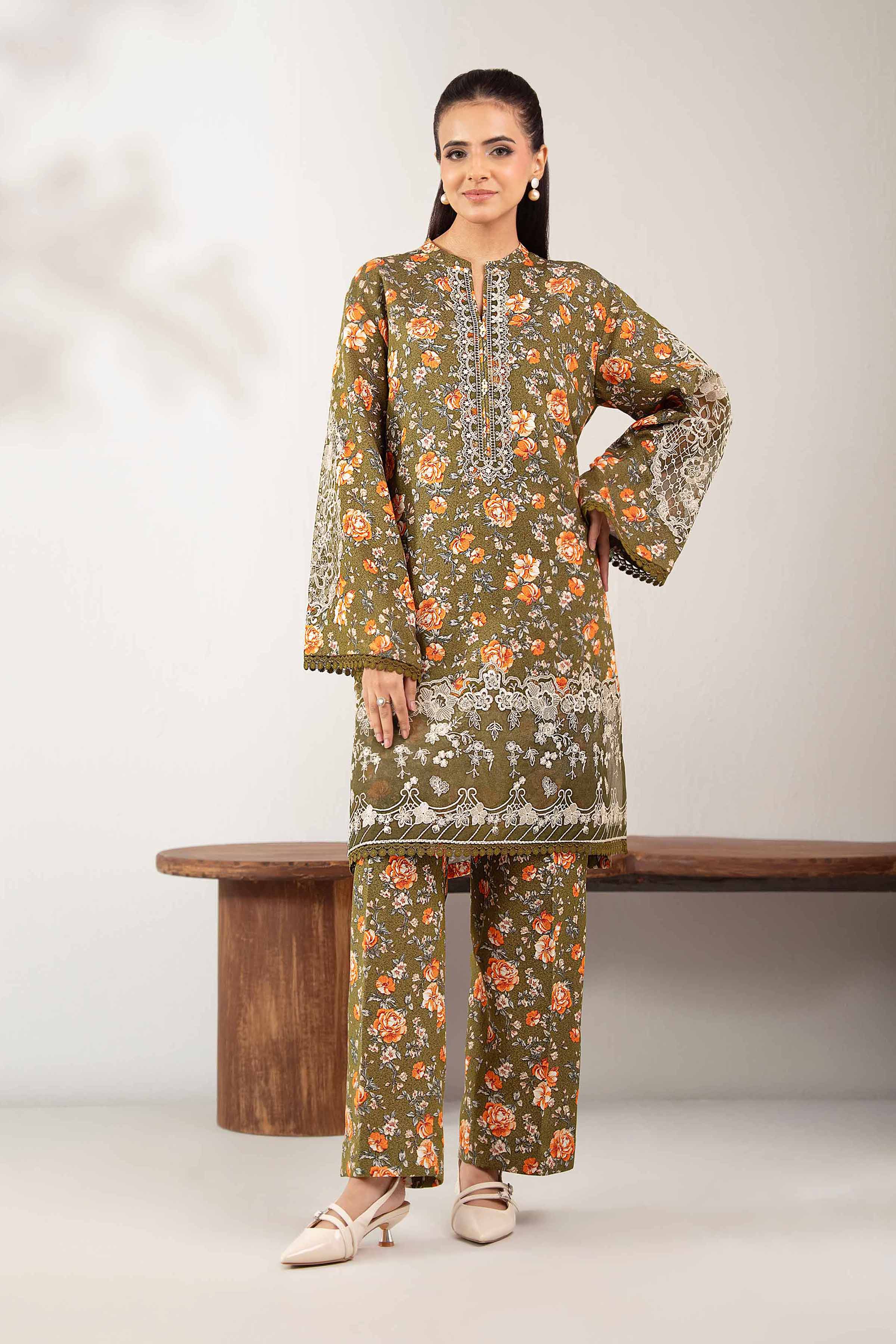 NISHATUAE - Olive Embroidered Karandi 2-piece Unstitched Dress