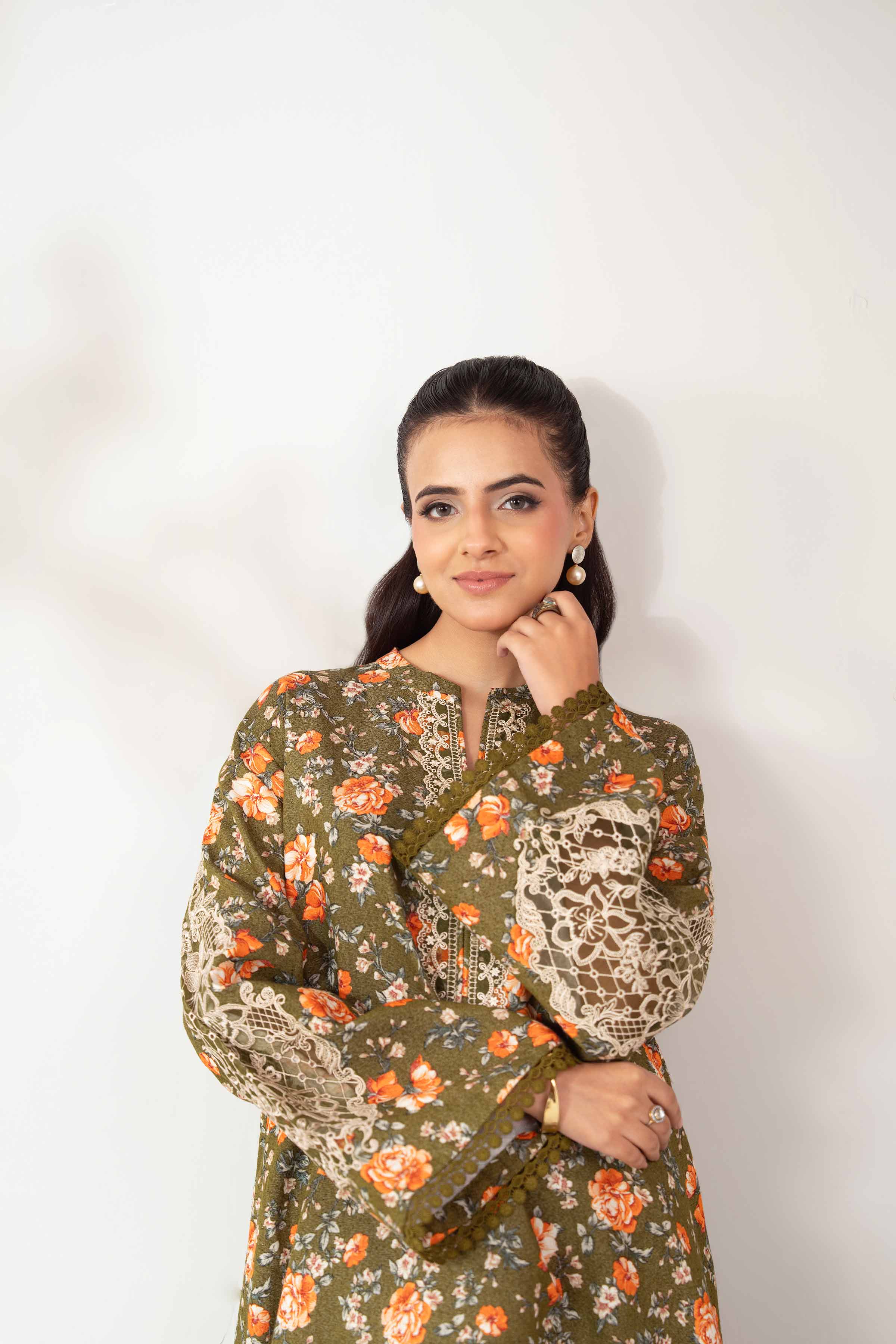 NISHATUAE - Olive Embroidered Karandi 2-piece Unstitched Dress