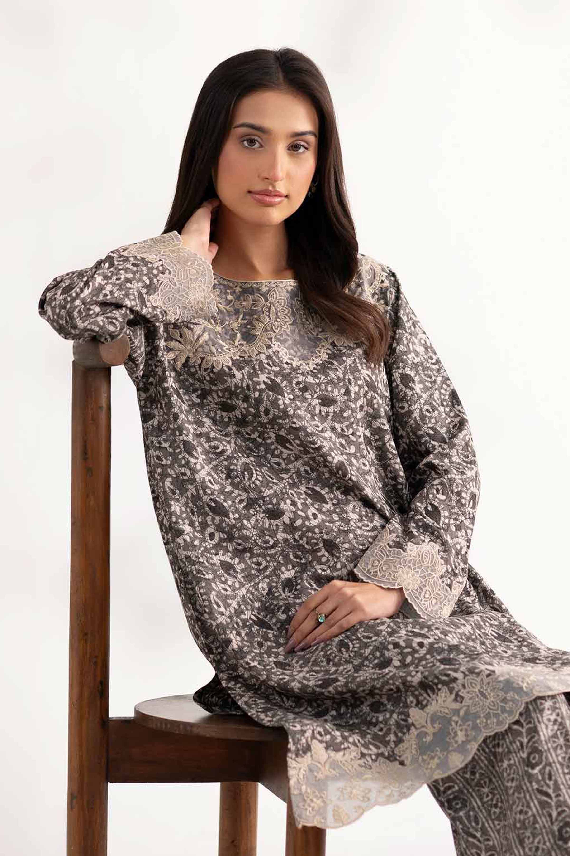 NISHATUAE - Olive Embroidered Karandi 2-piece Unstitched Dress