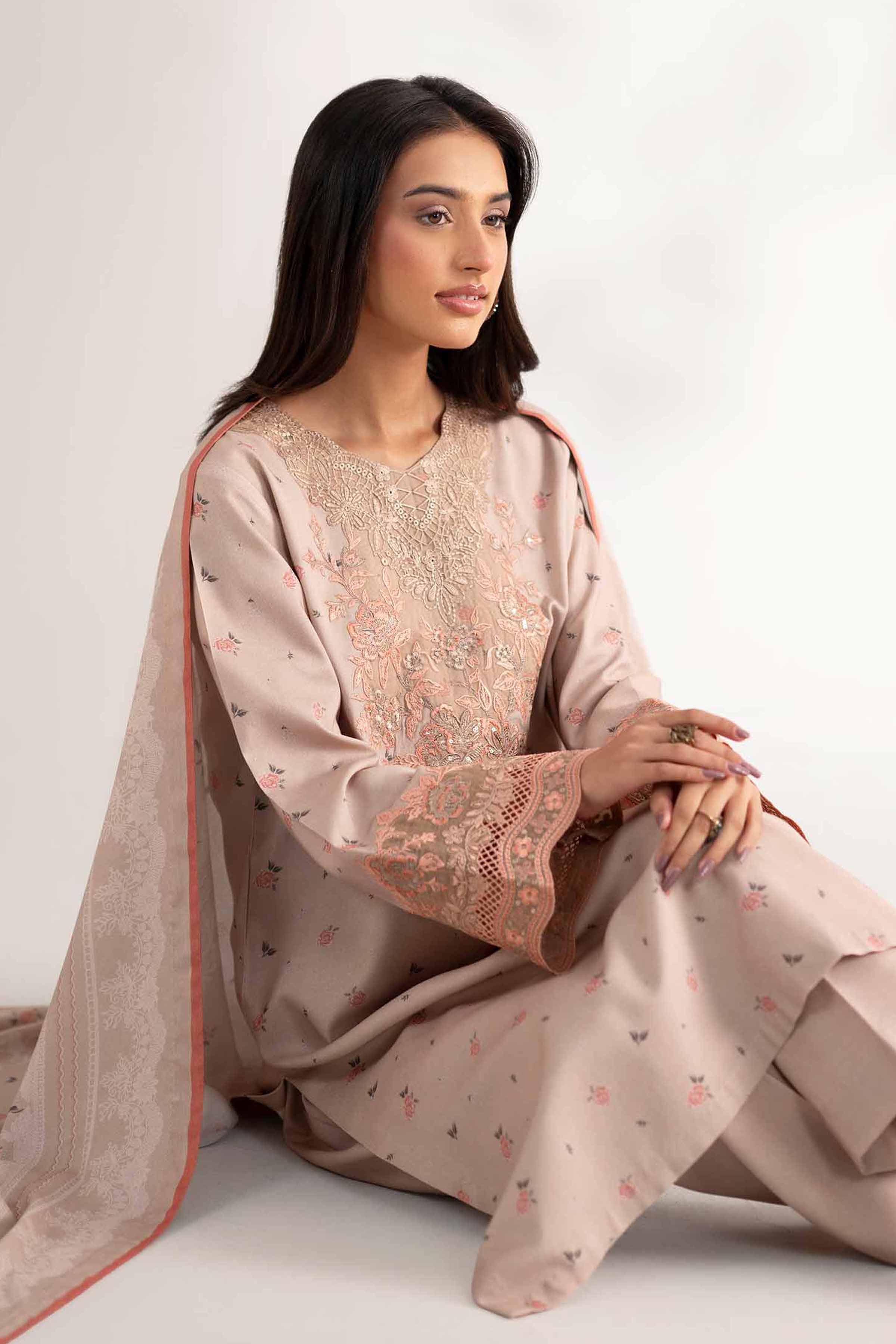 NISHATUAE - Beige Embroidered Linen 3-piece Unstitched Suit