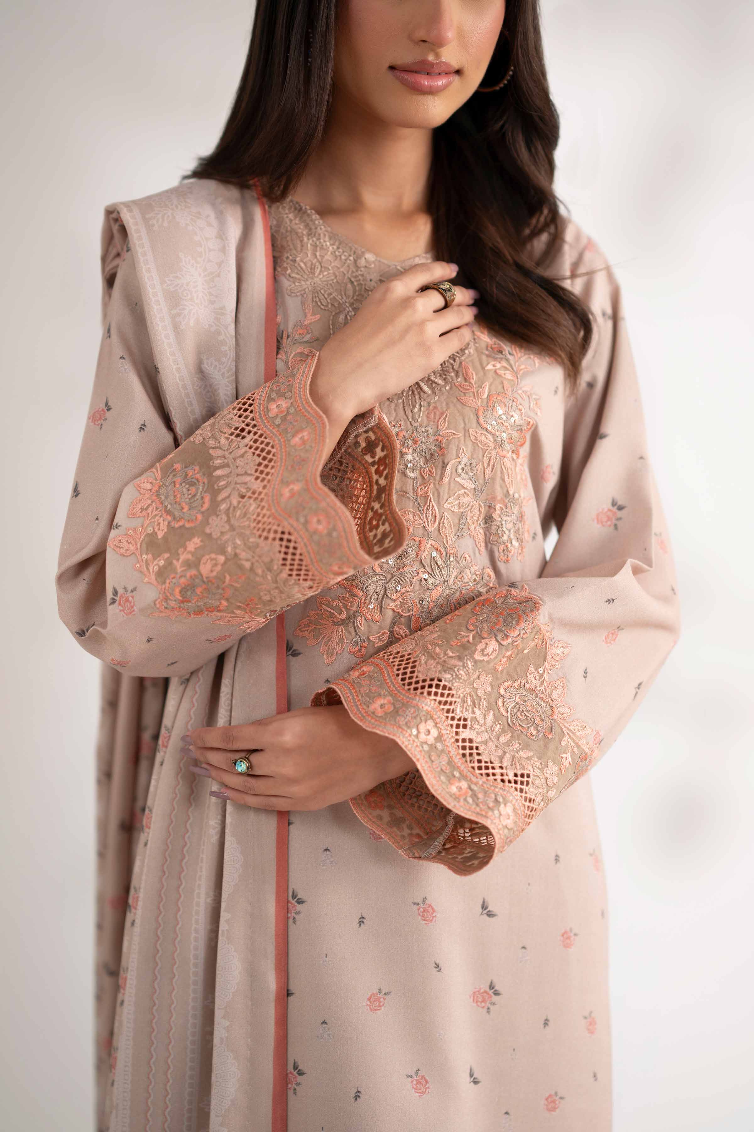 NISHATUAE - Beige Embroidered Linen 3-piece Unstitched Suit