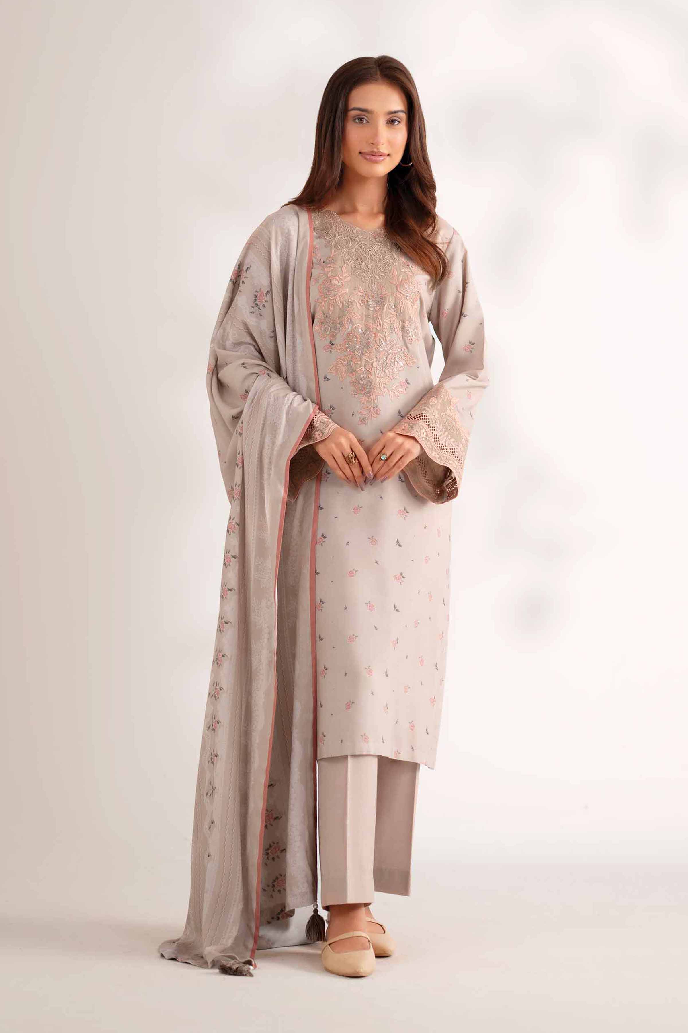 NISHATUAE - Beige Embroidered Linen 3-piece Unstitched Suit