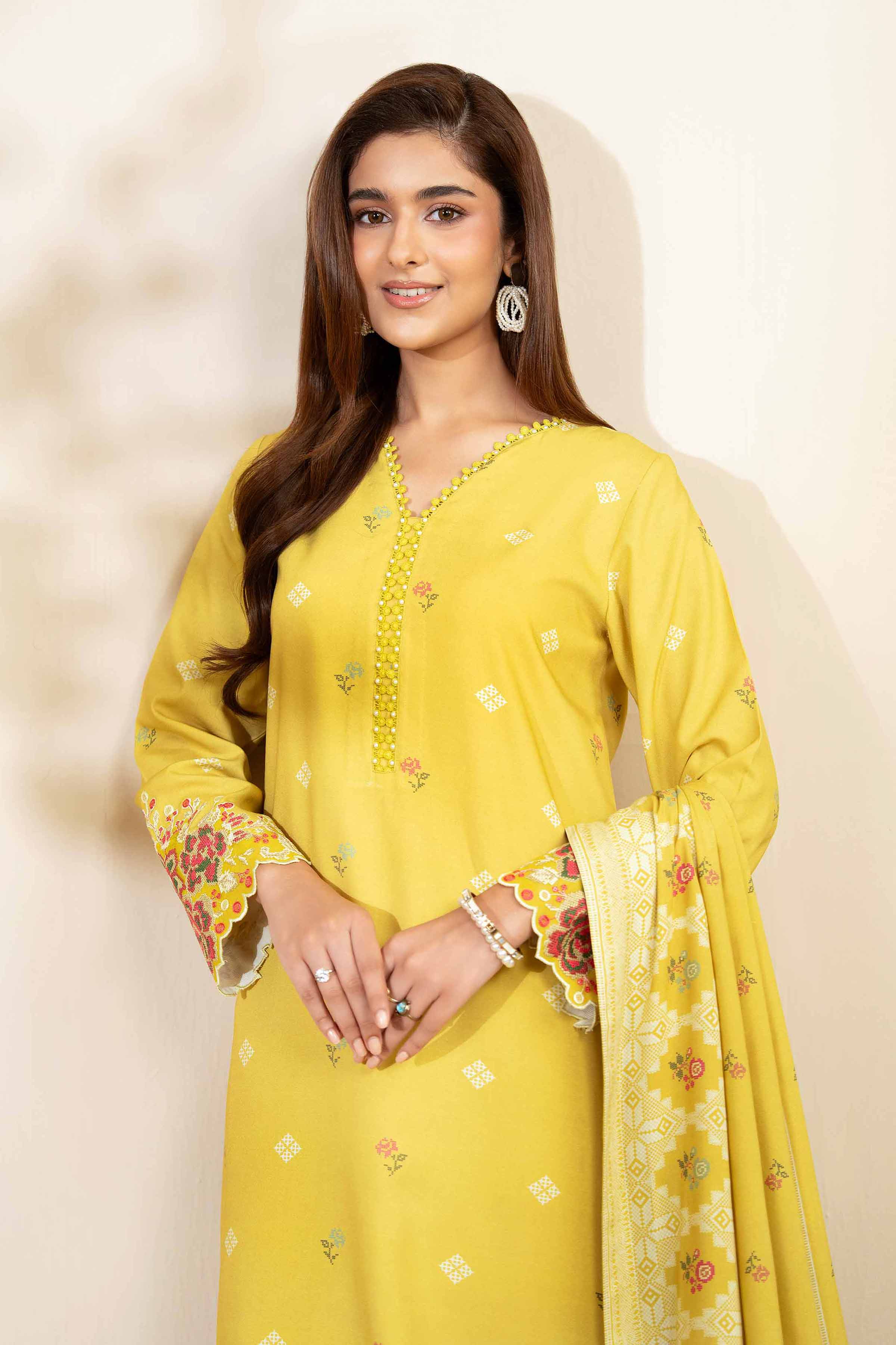 NISHATUAE - Yellow Embroidered Linen 3-piece Unstitched Suit