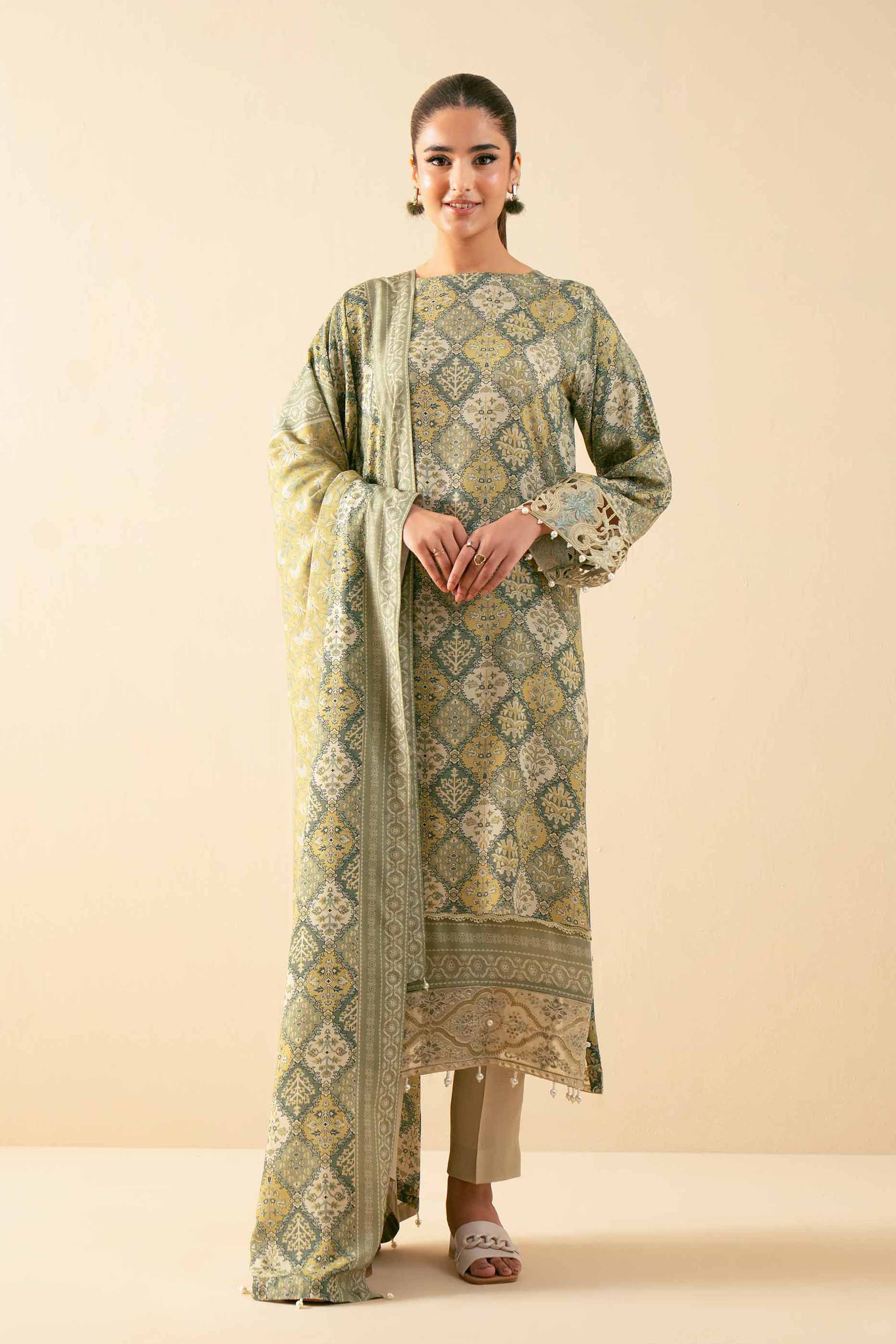 NISHATUAE - Olive Embroidered Linen 3-piece Unstitched Suit