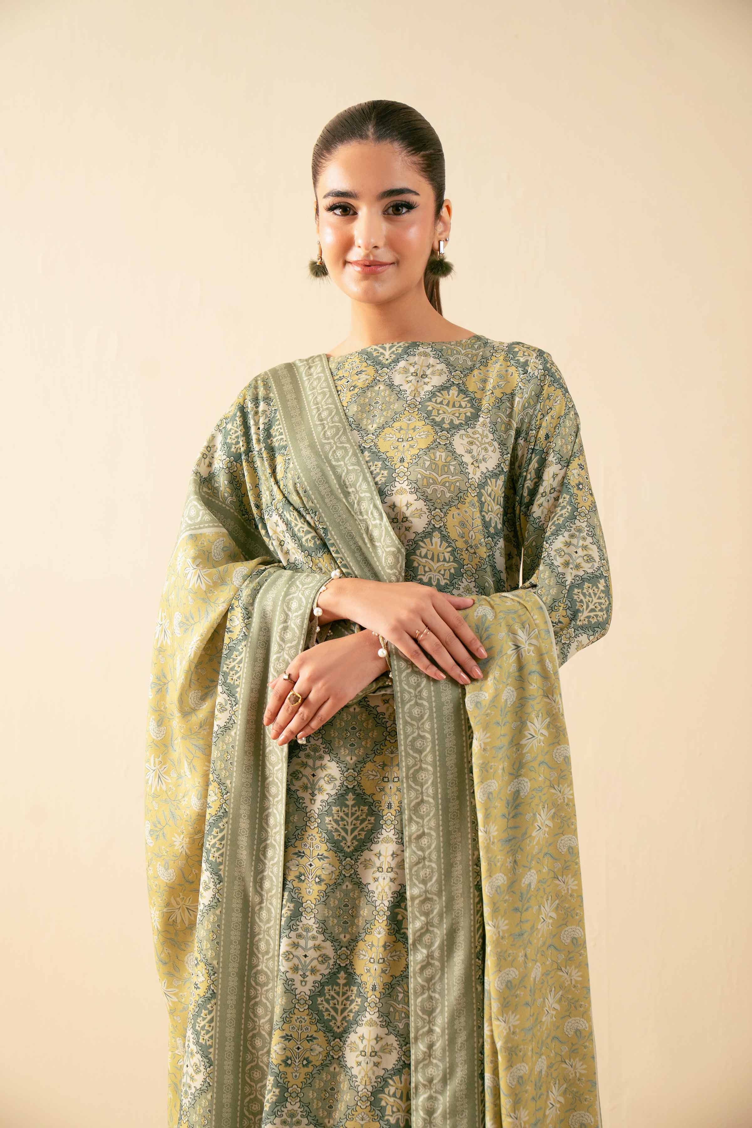 NISHATUAE - Olive Embroidered Linen 3-piece Unstitched Suit