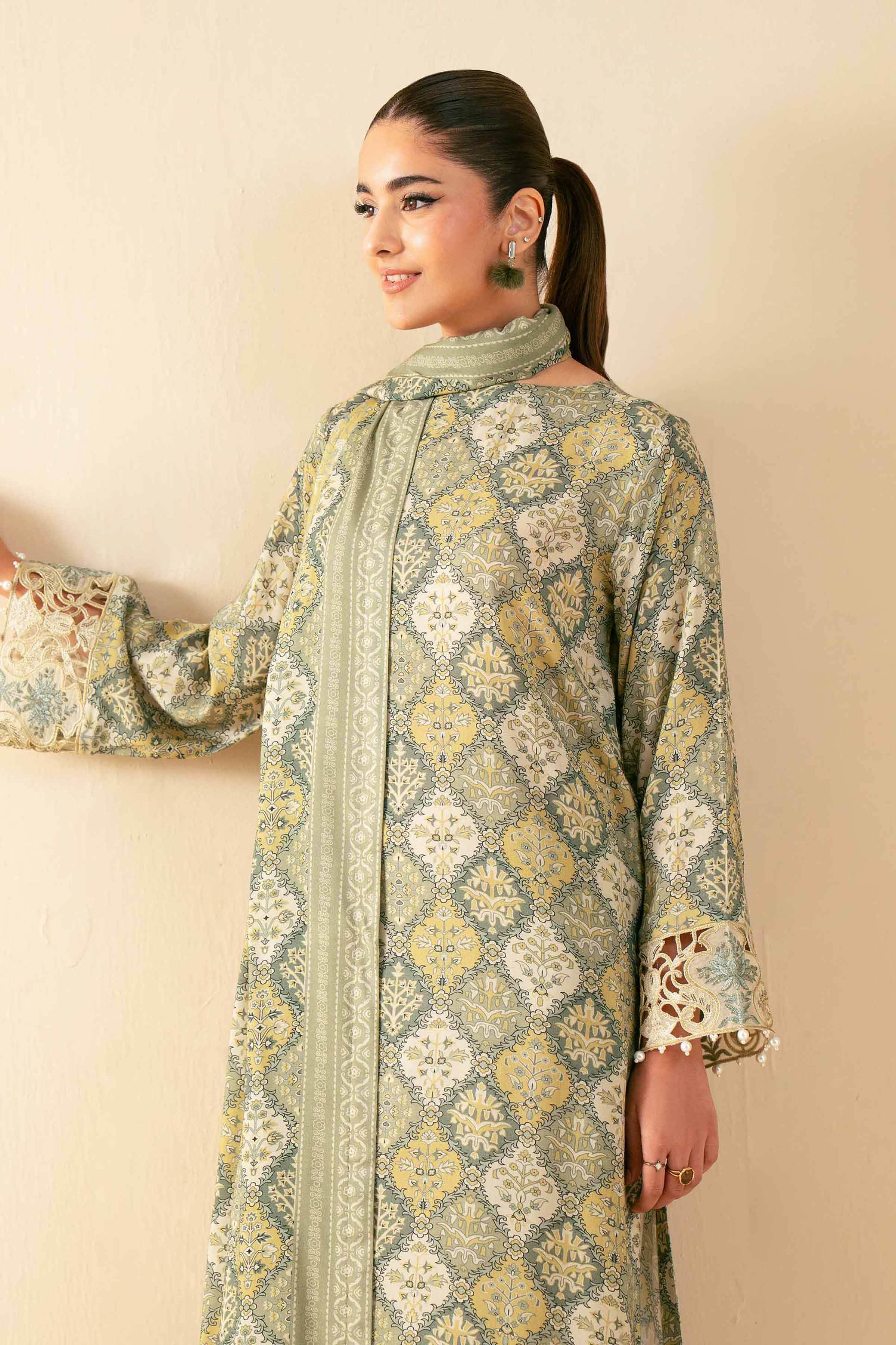 NISHATUAE - Olive Embroidered Linen 3-piece Unstitched Suit