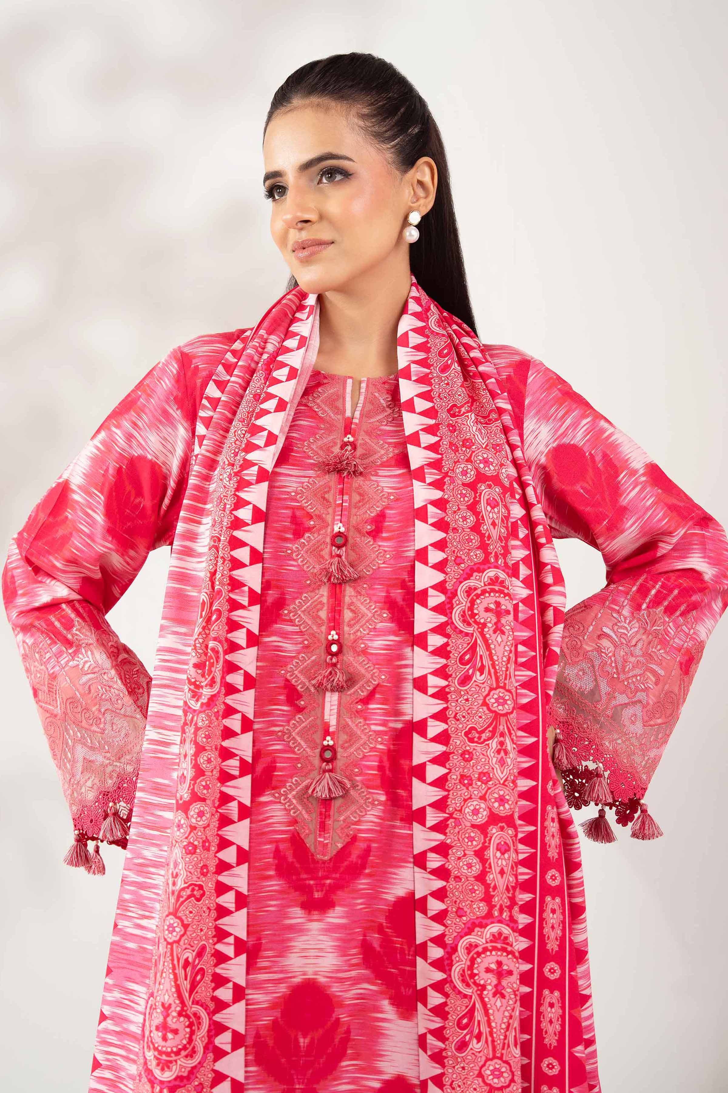 NISHATUAE - Pink Embroidered Linen 3-piece Unstitched Suit