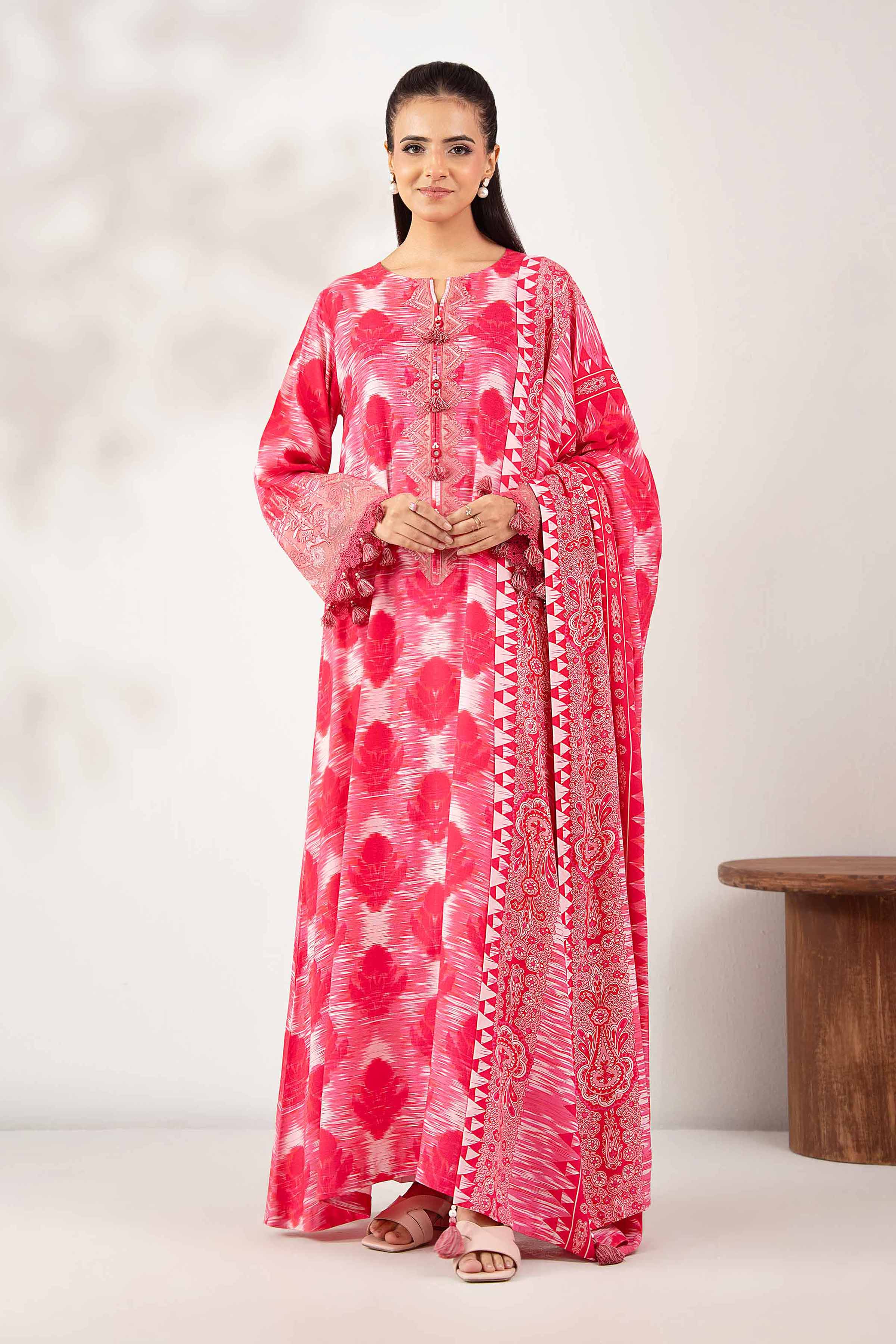 NISHATUAE - Pink Embroidered Linen 3-piece Unstitched Suit