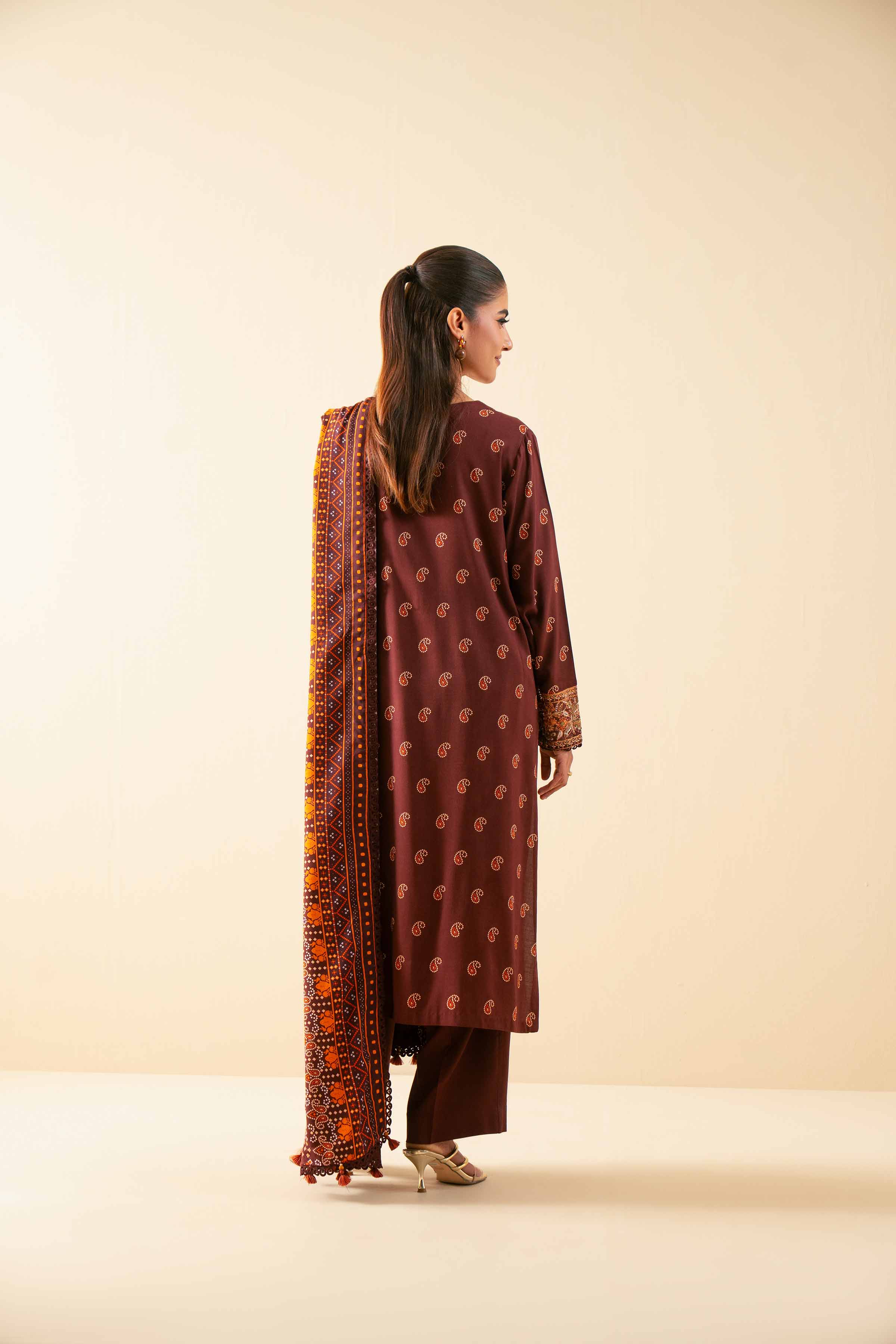 NISHATUAE - Brown Embroidered Linen 3-piece Unstitched Suit