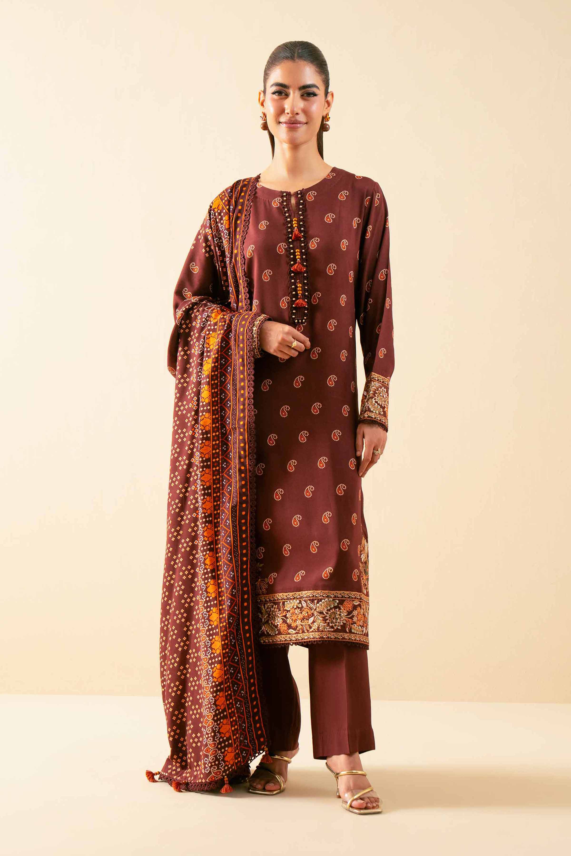 NISHATUAE - Brown Embroidered Linen 3-piece Unstitched Suit