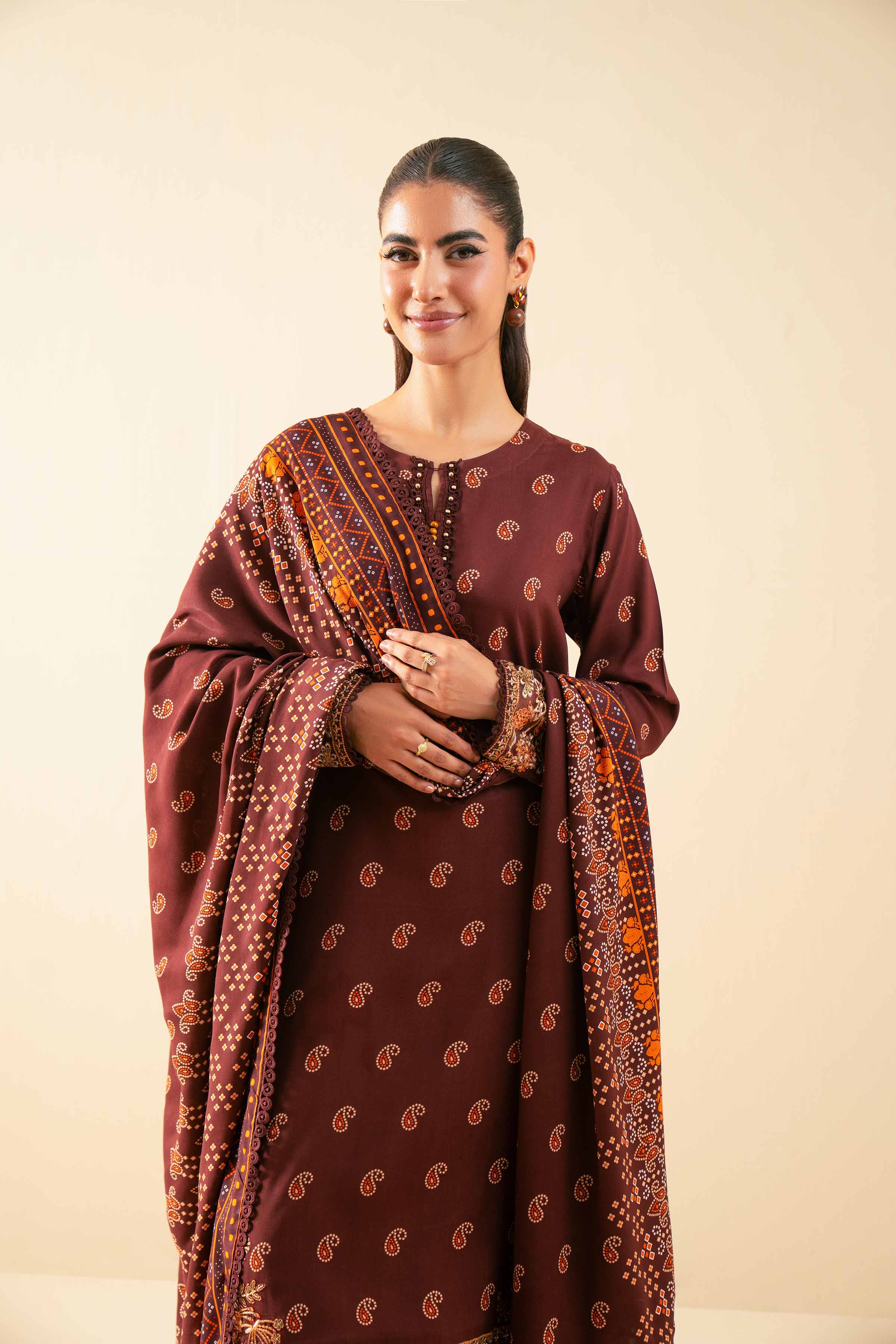 NISHATUAE - Brown Embroidered Linen 3-piece Unstitched Suit