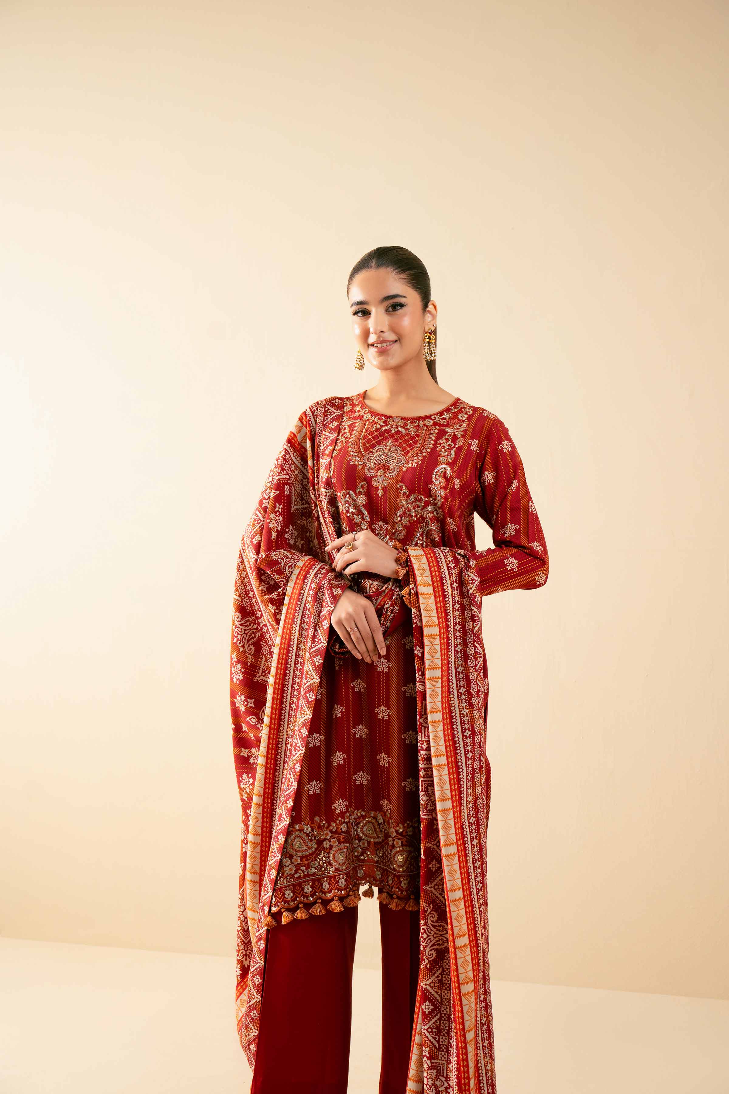 NISHATUAE - Rust Embroidered Linen 3-piece Unstitched Suit