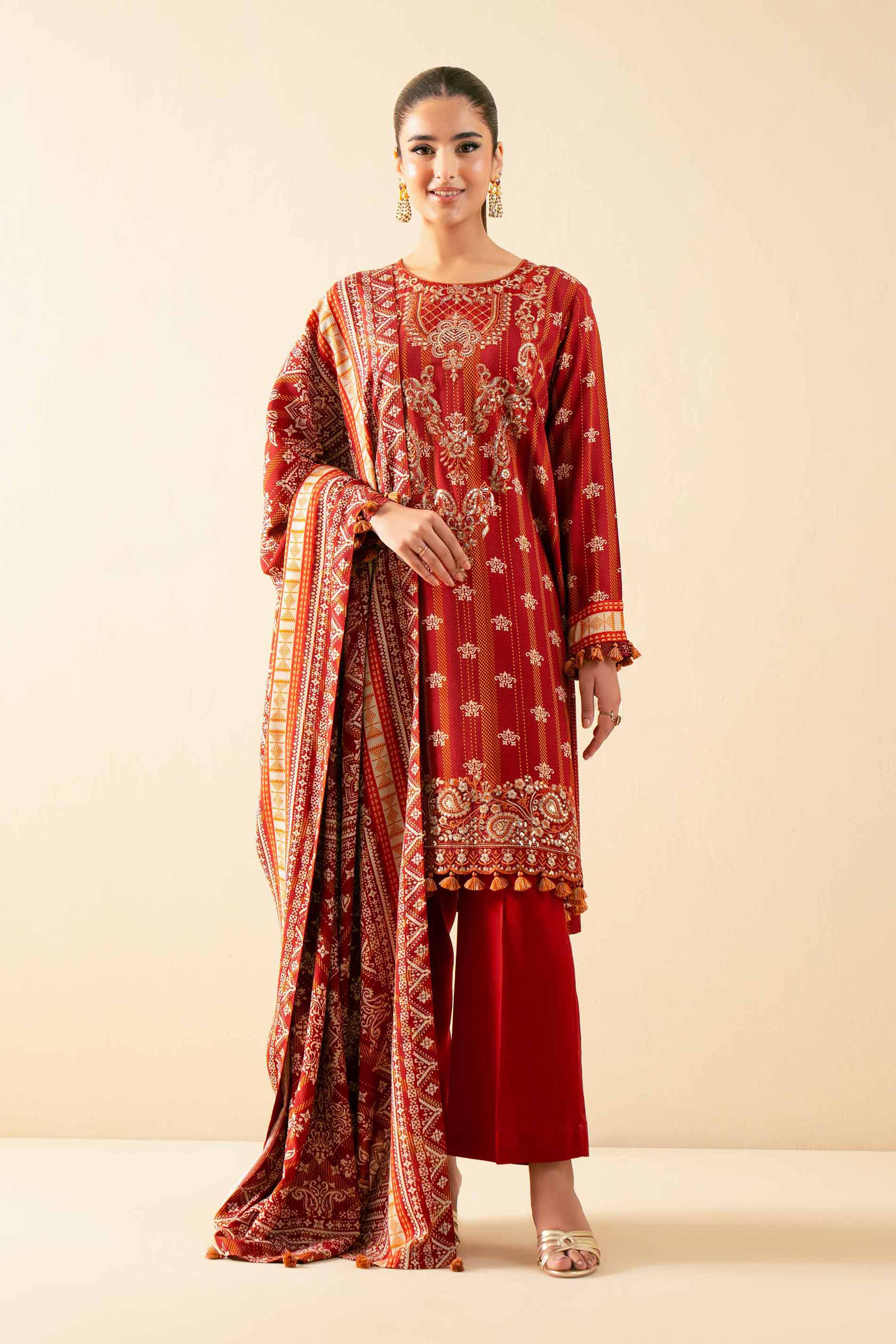 NISHATUAE - Rust Embroidered Linen 3-piece Unstitched Suit