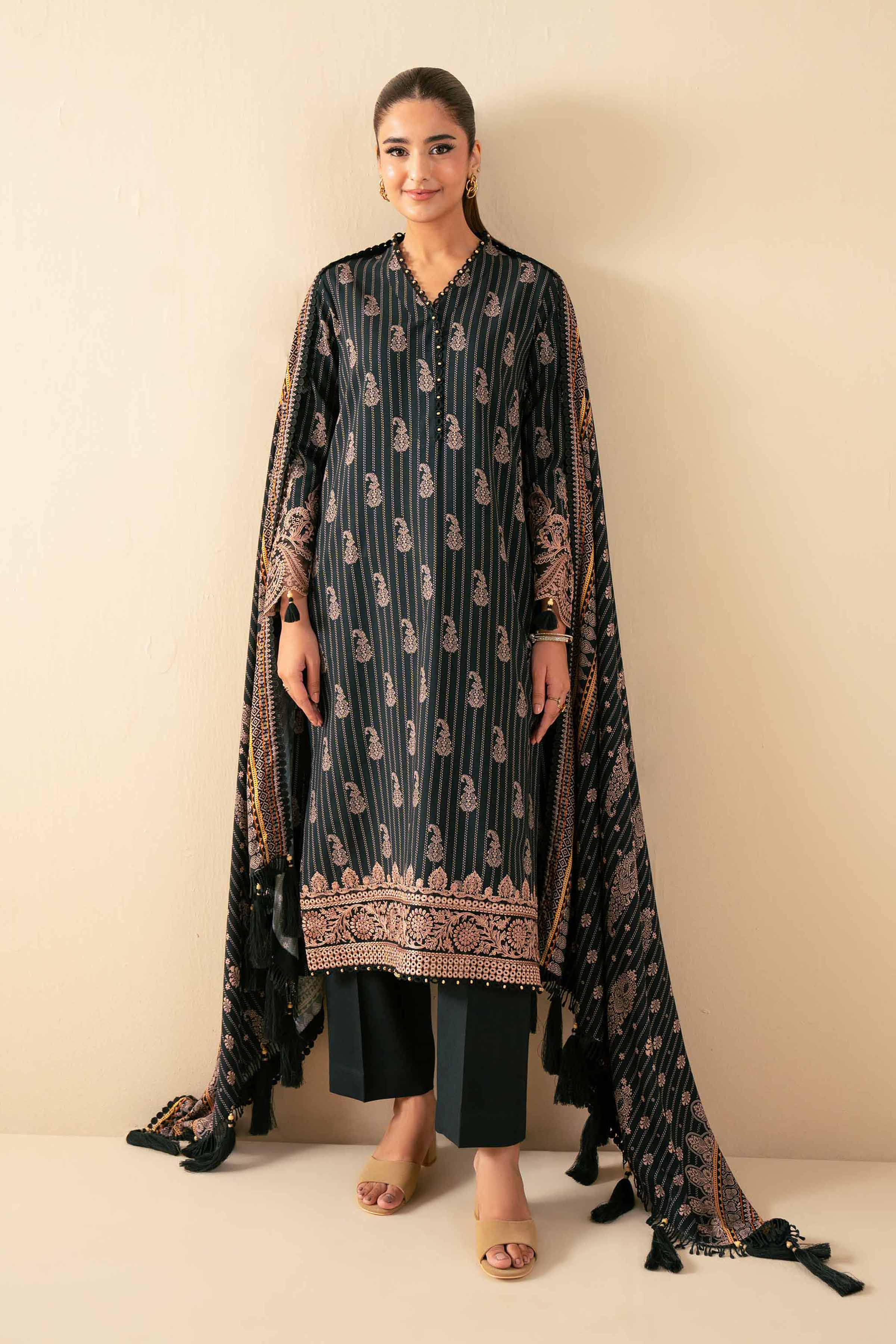 NISHATUAE - Black Embroidered Linen 3-piece Unstitched Suit