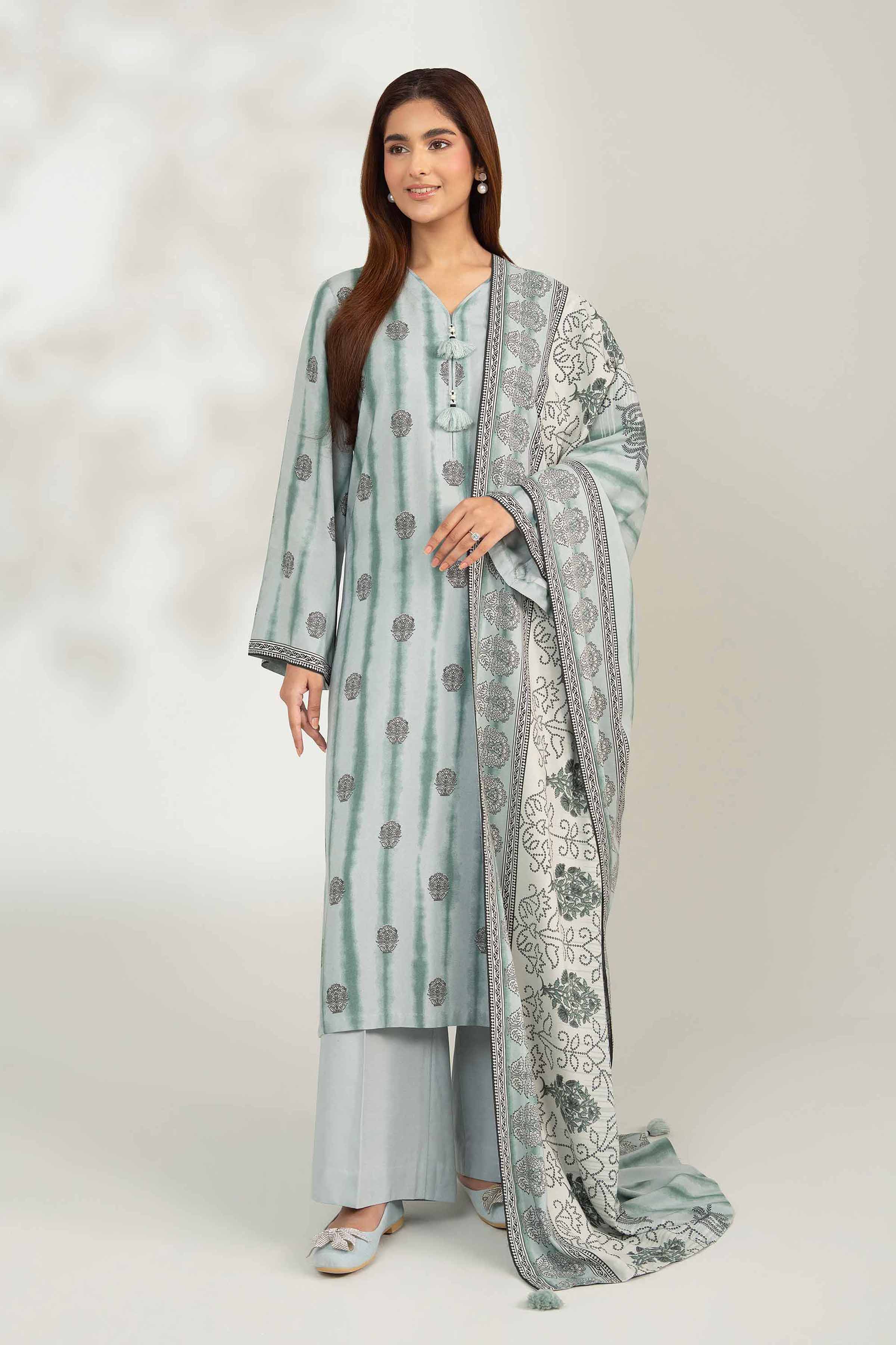 NISHATUAE - Green Printed Linen 3-piece Unstitched Suit