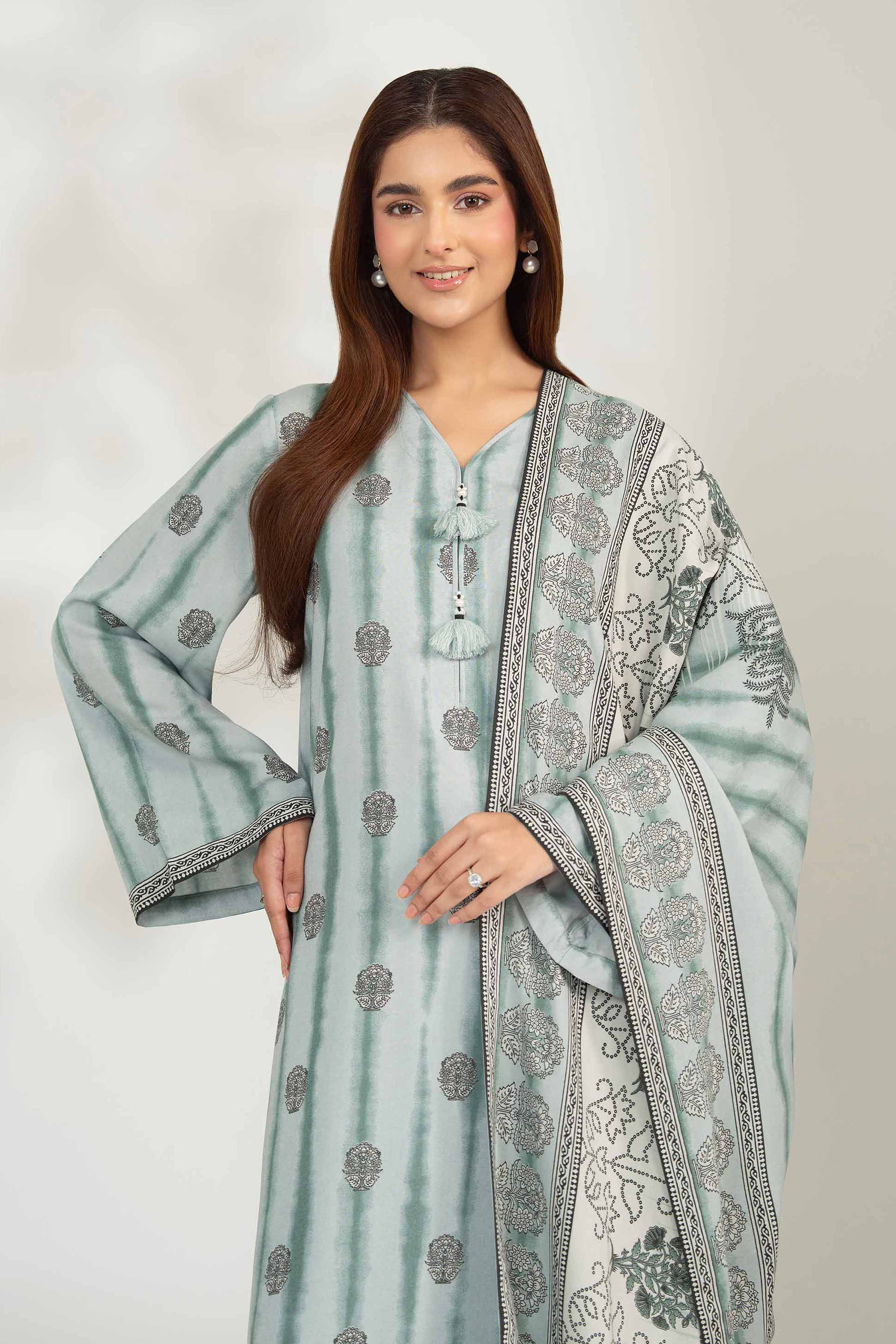 NISHATUAE - Green Printed Linen 3-piece Unstitched Suit