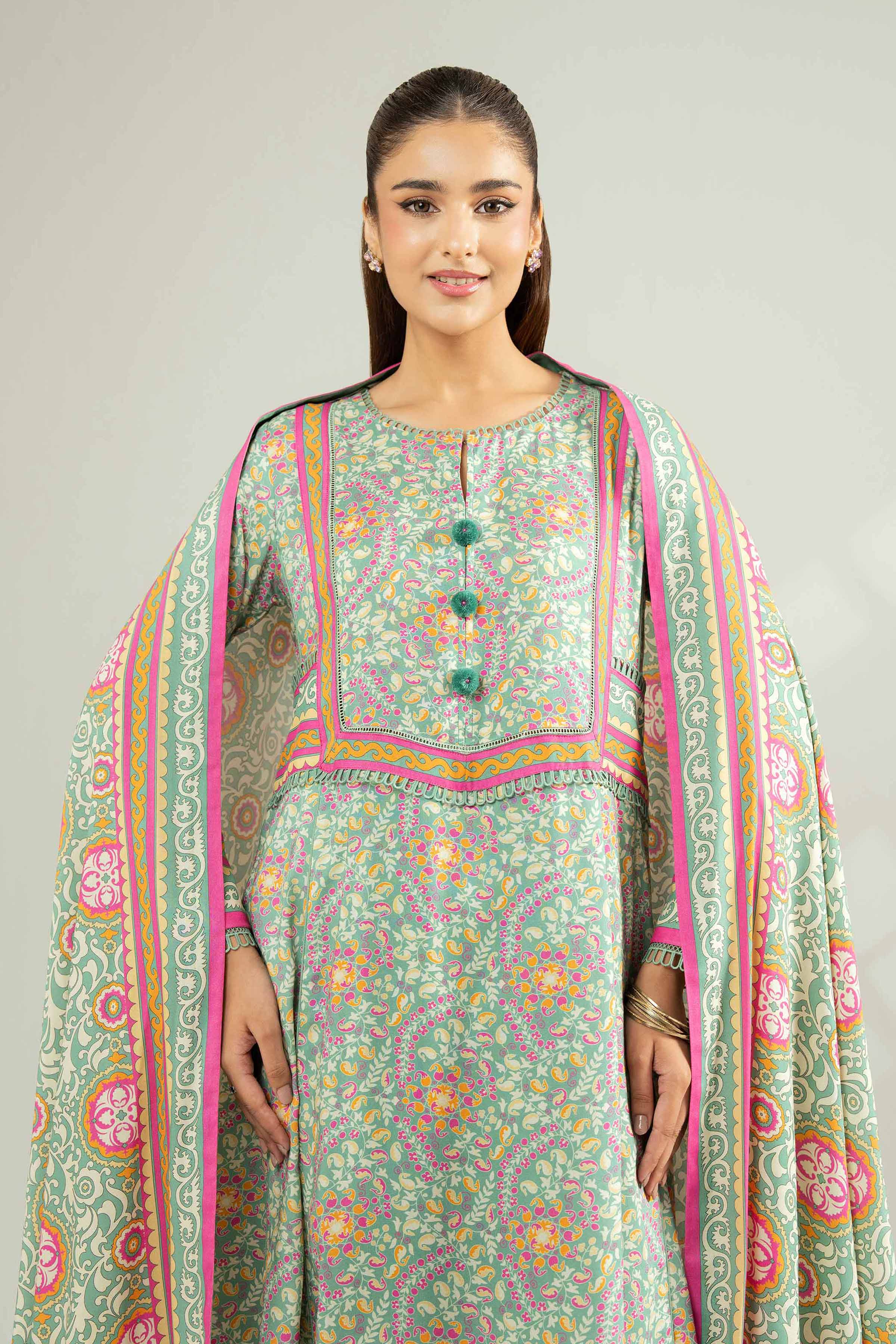 NISHATUAE - Multi Printed Linen 3-piece Unstitched Suit