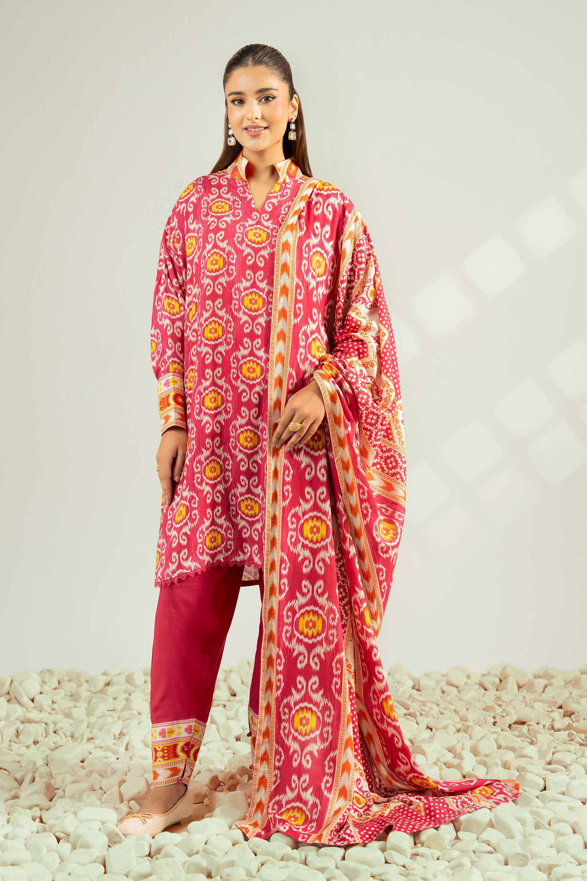NISHATUAE - Pink Printed Linen 3-piece Unstitched Suit