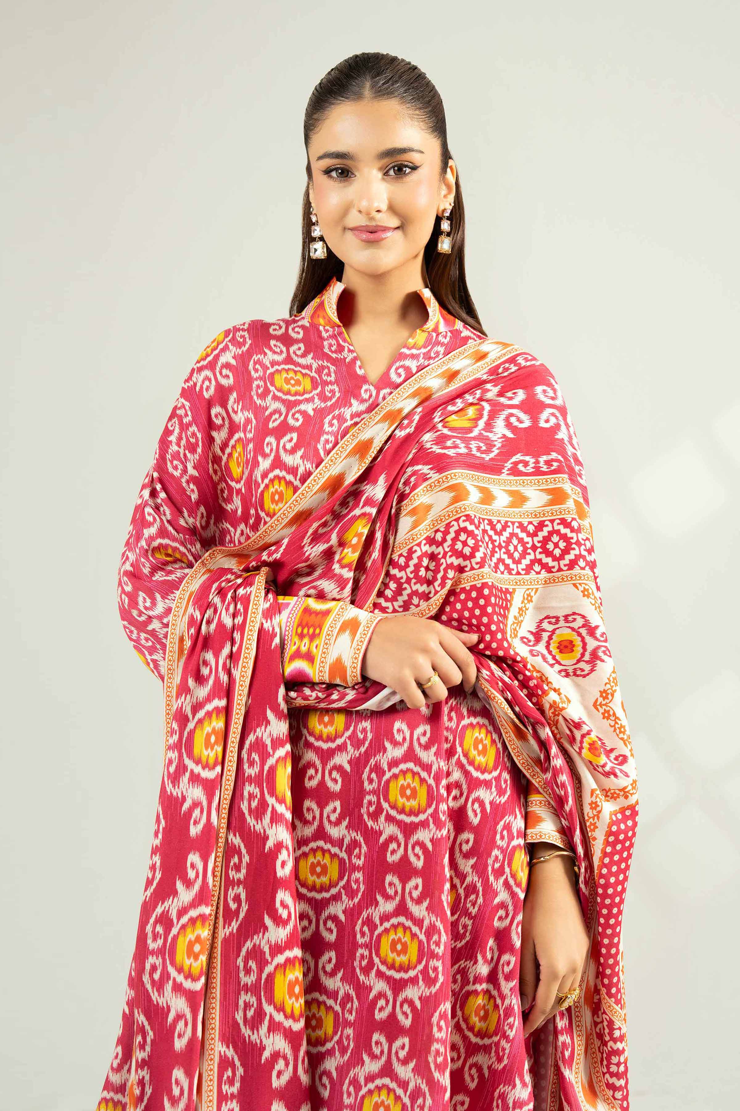 NISHATUAE - Pink Printed Linen 3-piece Unstitched Suit