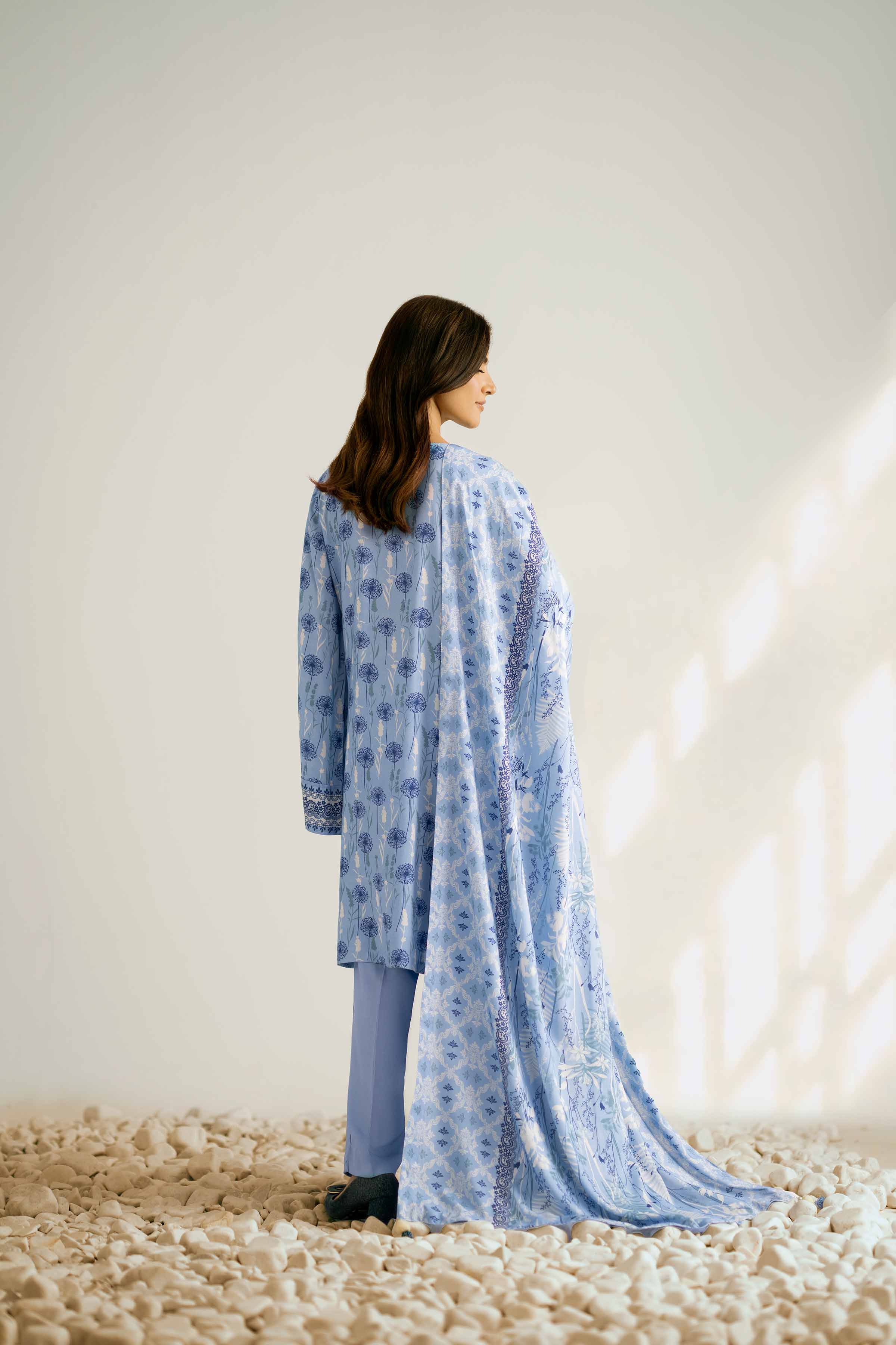 NISHATUAE - Blue Printed Linen 3-piece Unstitched Suit