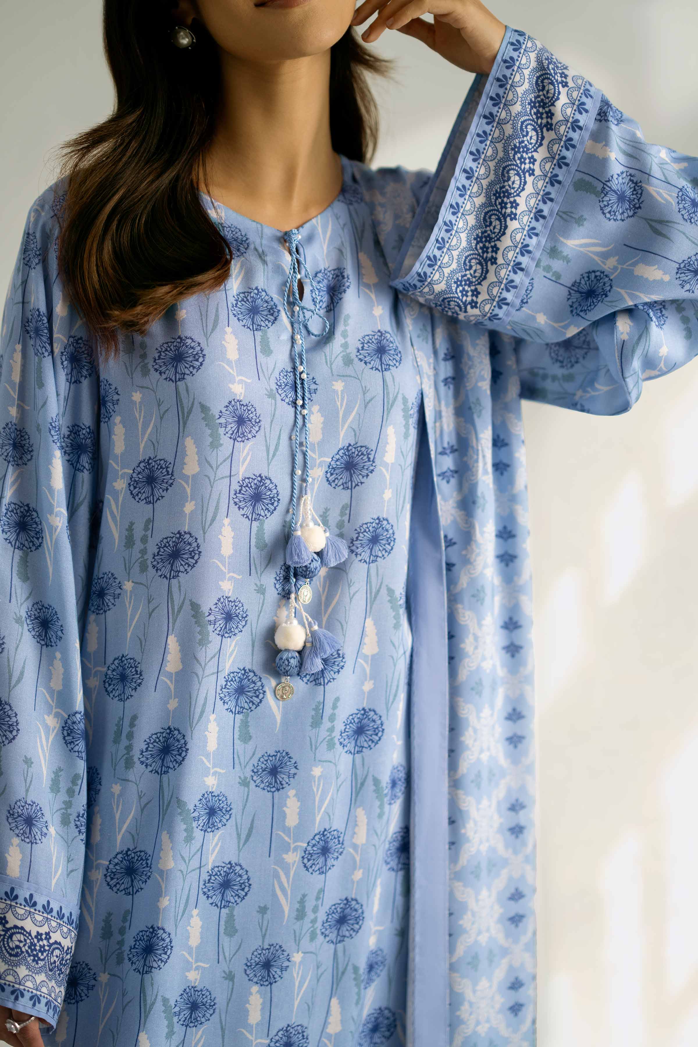 NISHATUAE - Blue Printed Linen 3-piece Unstitched Suit