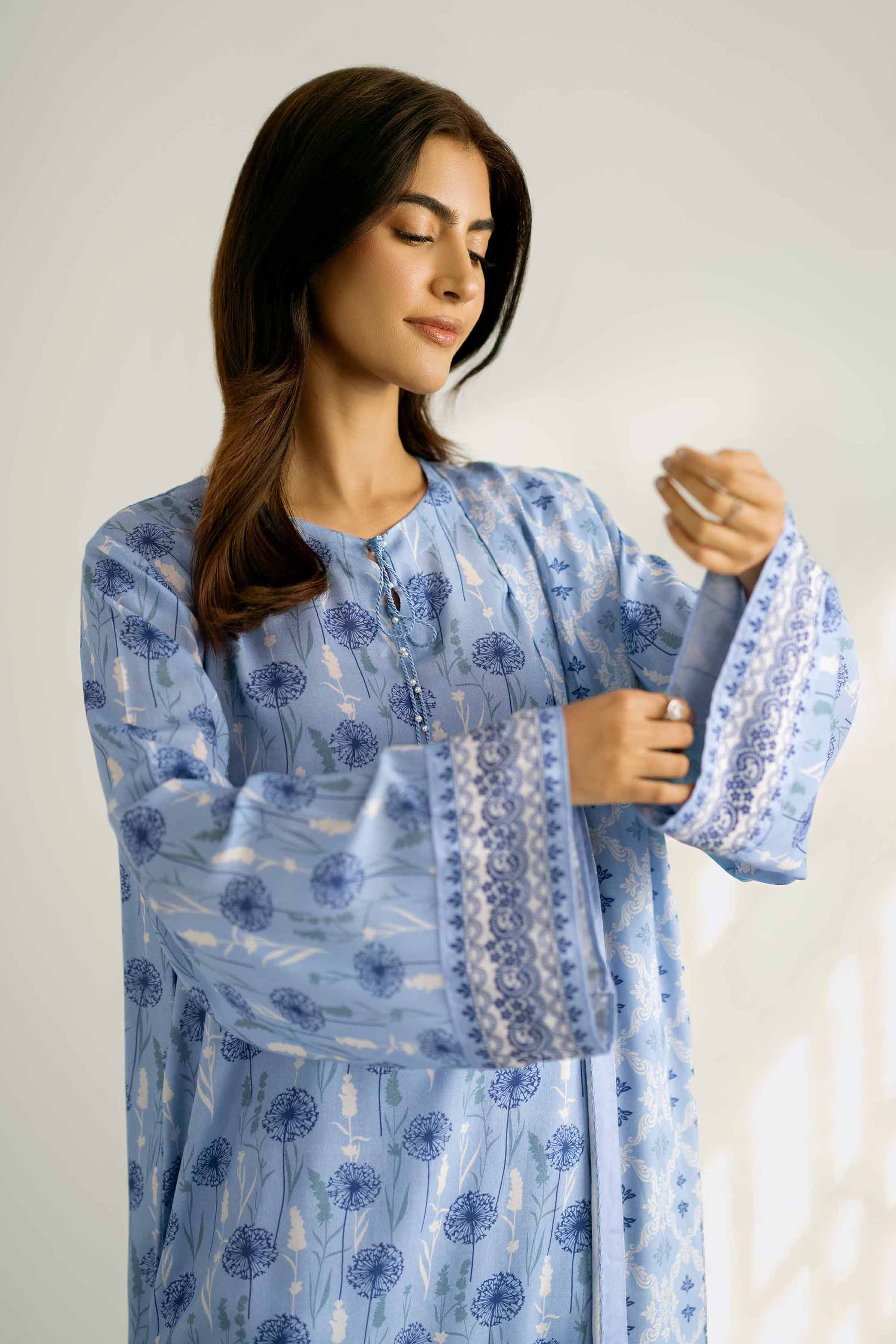 NISHATUAE - Blue Printed Linen 3-piece Unstitched Suit