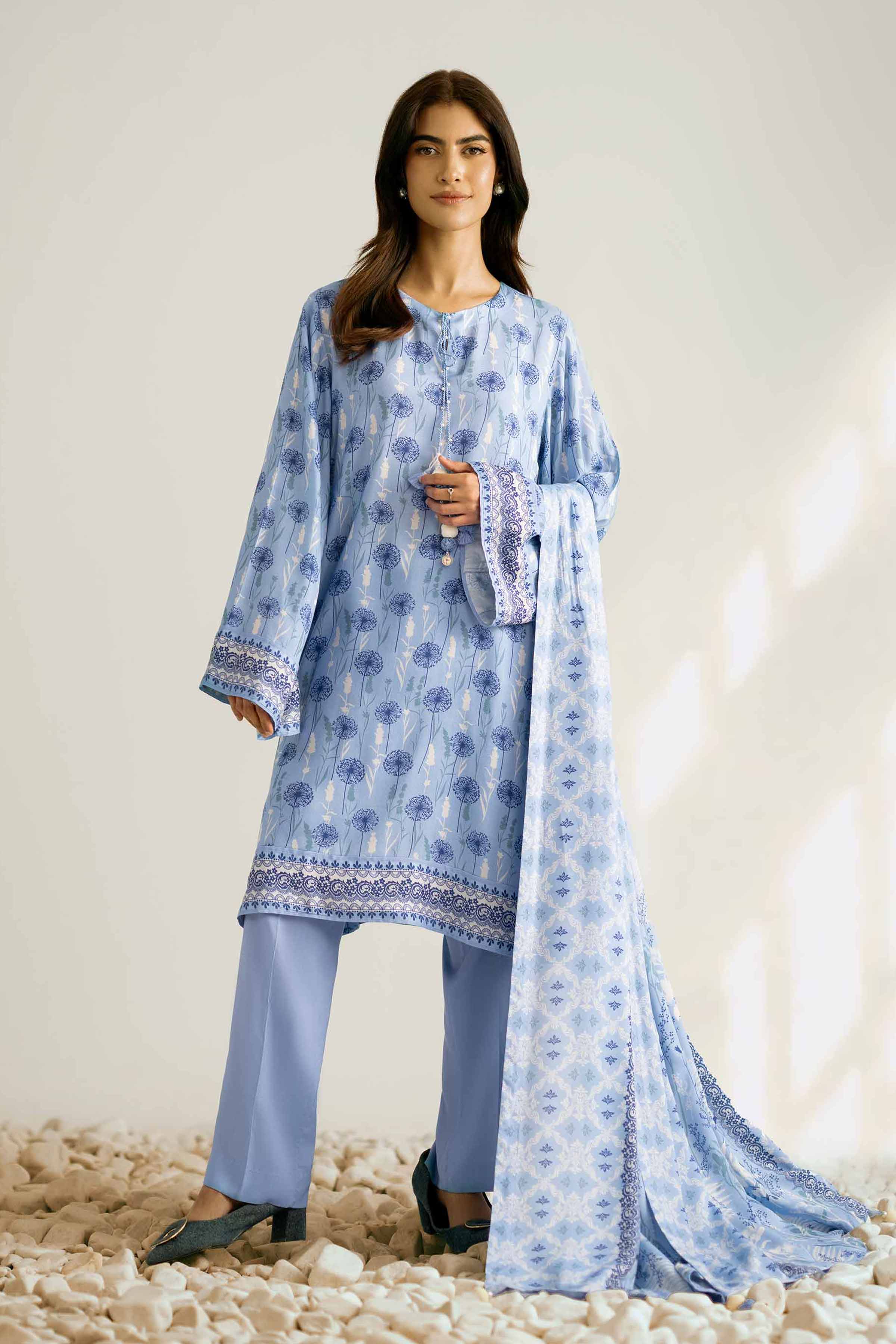 NISHATUAE - Blue Printed Linen 3-piece Unstitched Suit