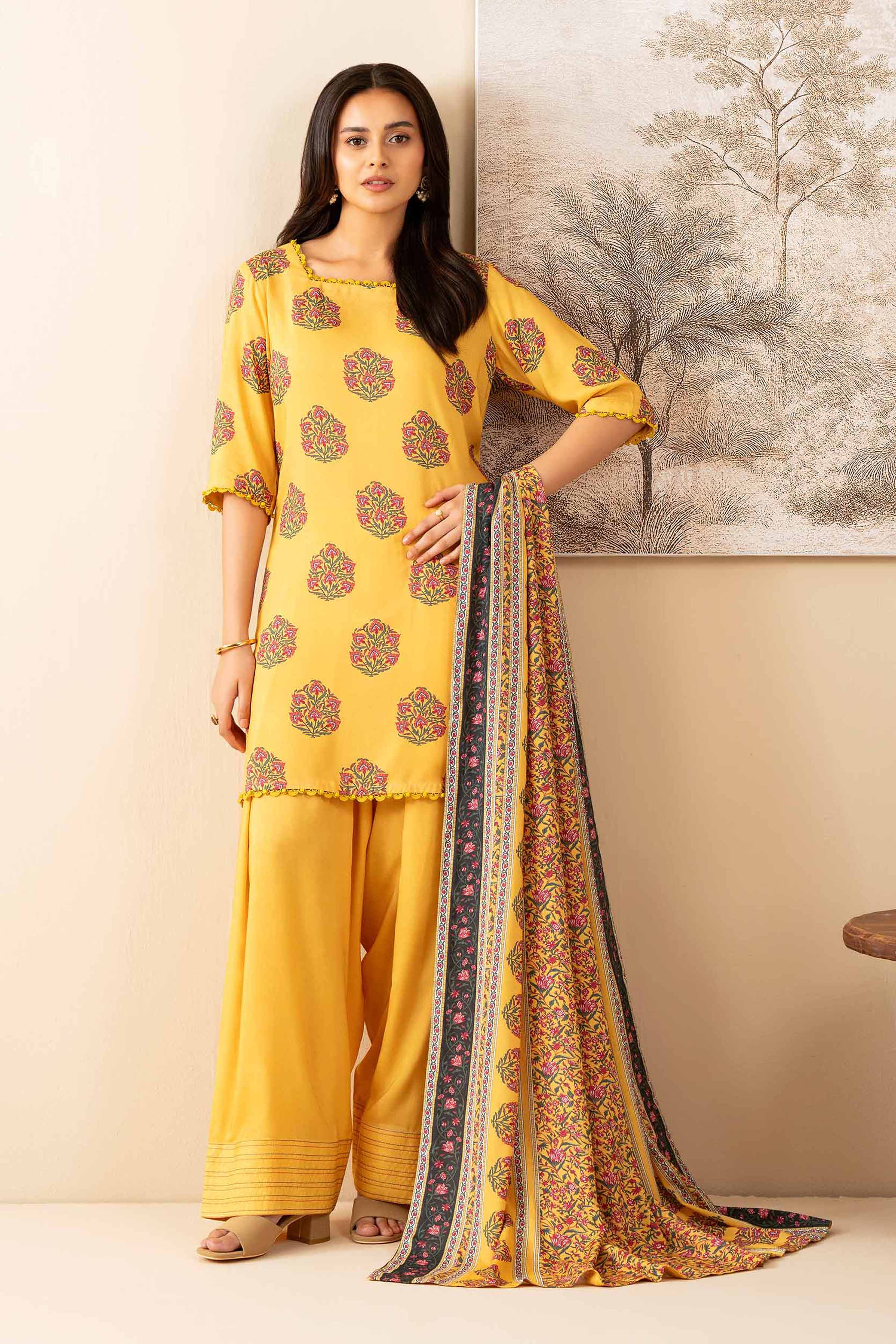 NISHATUAE - Yellow Printed Linen 3-piece Unstitched Suit