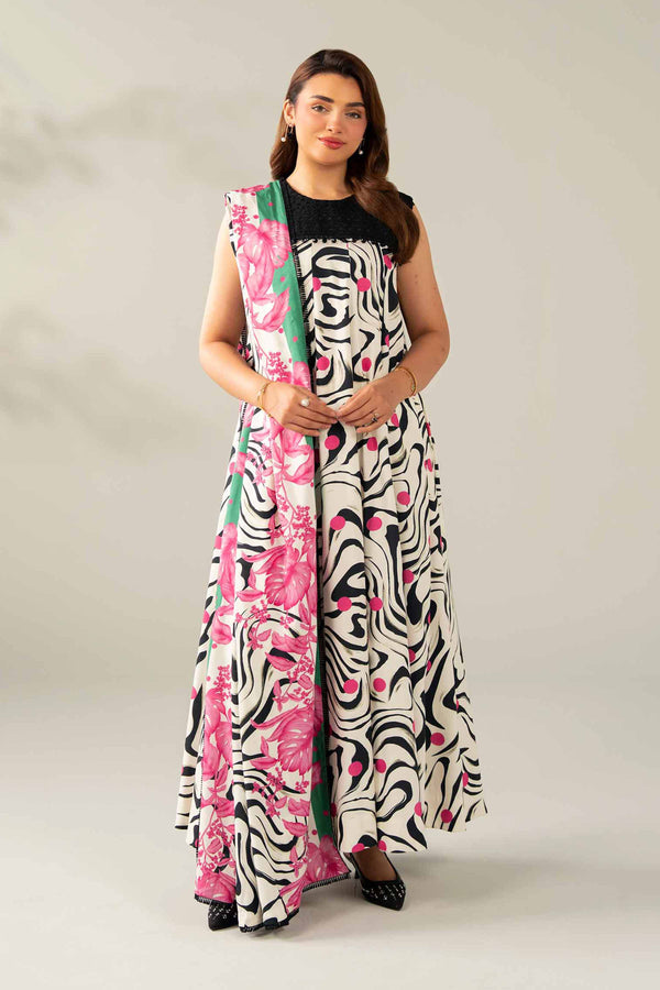 NISHATUAE - Black & Off white Printed Linen 3-piece Unstitched Suit