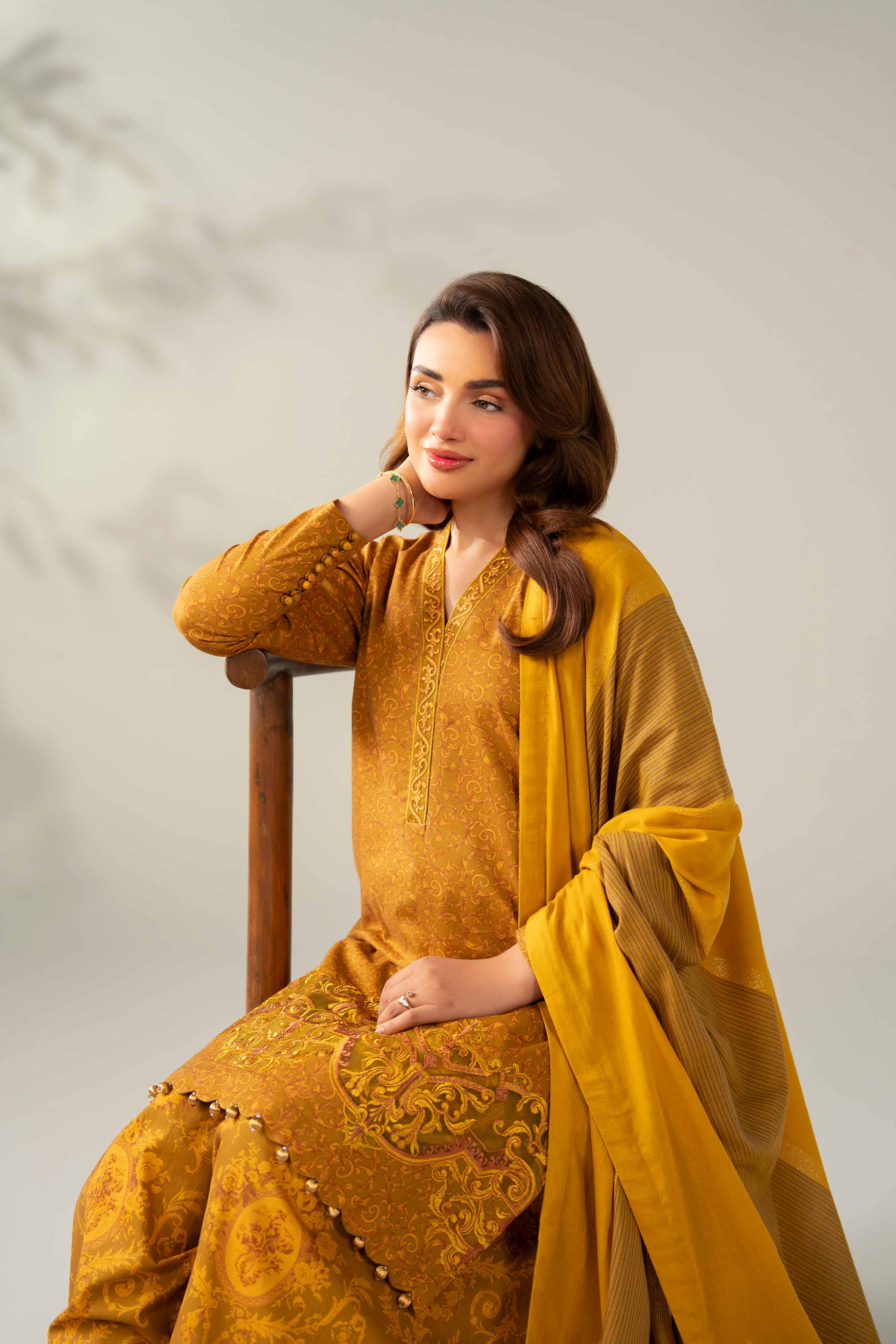 NISHATUAE - Mustard Embroidered Cotton 3-piece Unstitched Suit