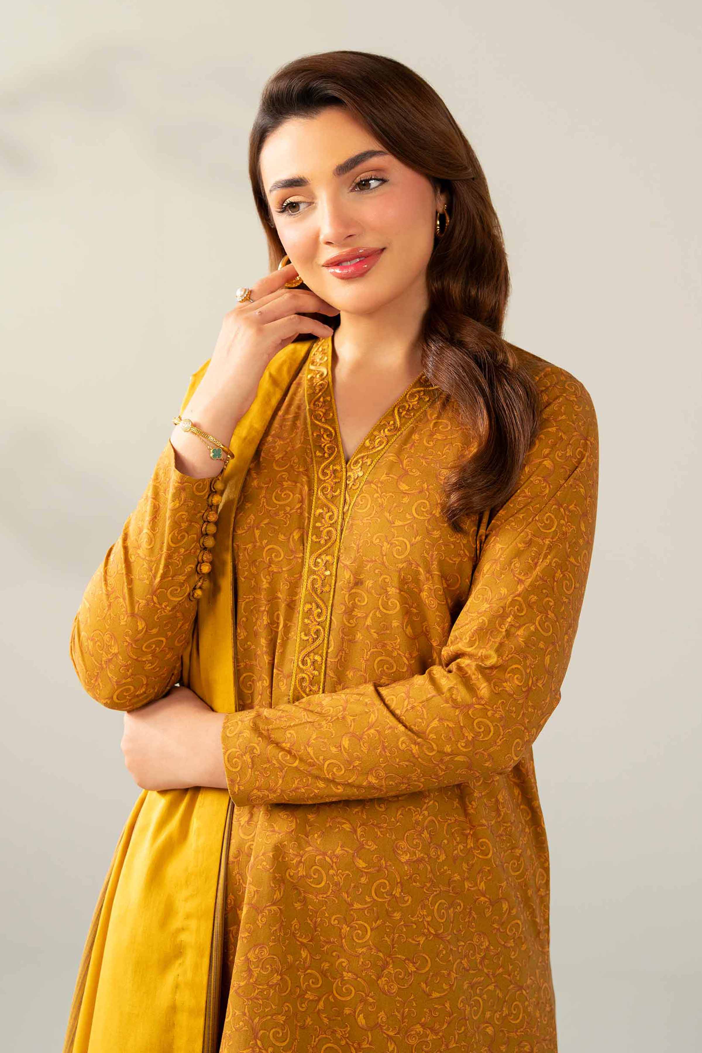 NISHATUAE - Mustard Embroidered Cotton 3-piece Unstitched Suit