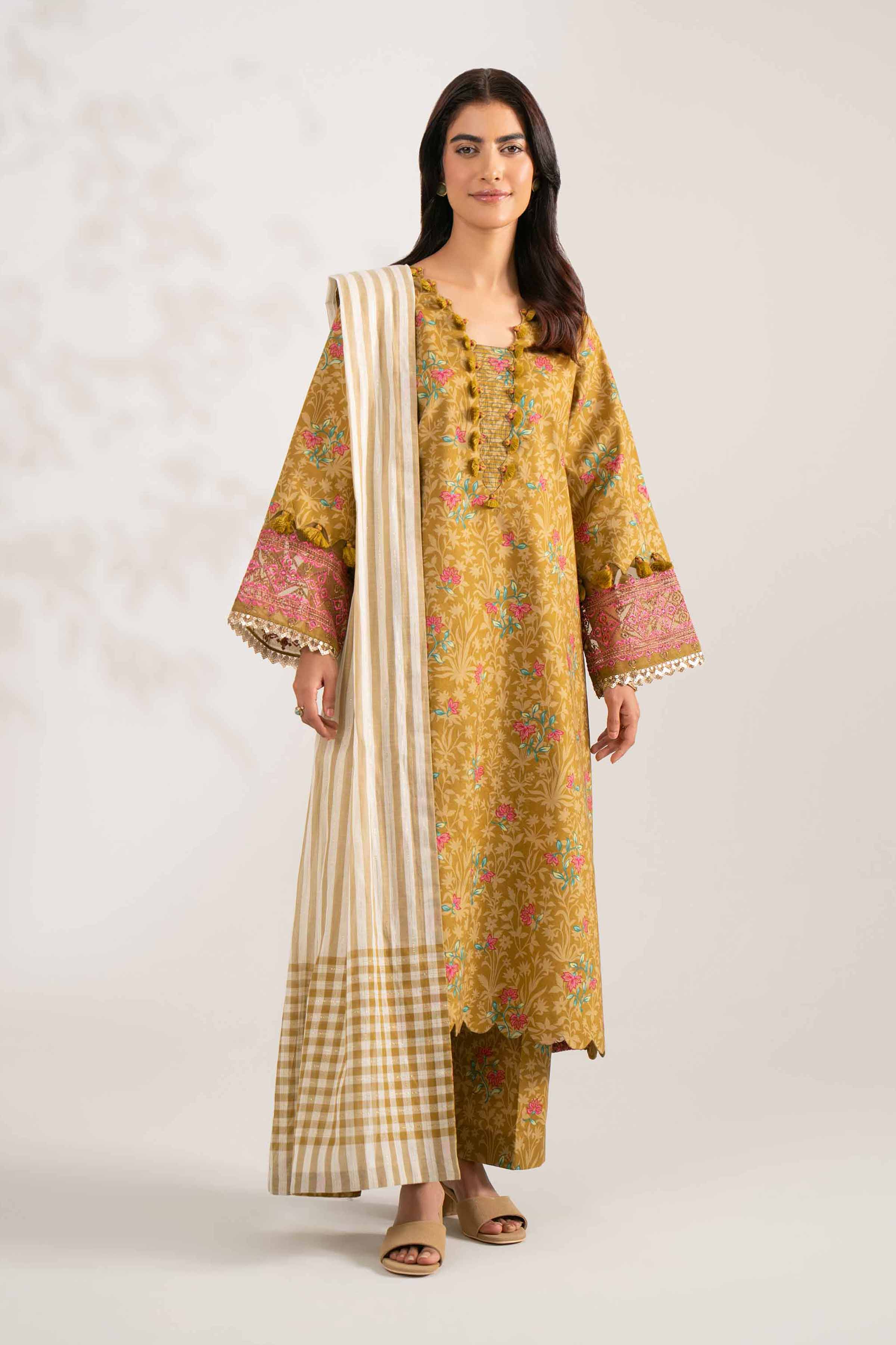 NISHATUAE - Ochre Embroidered Cotton 3-piece Unstitched Suit