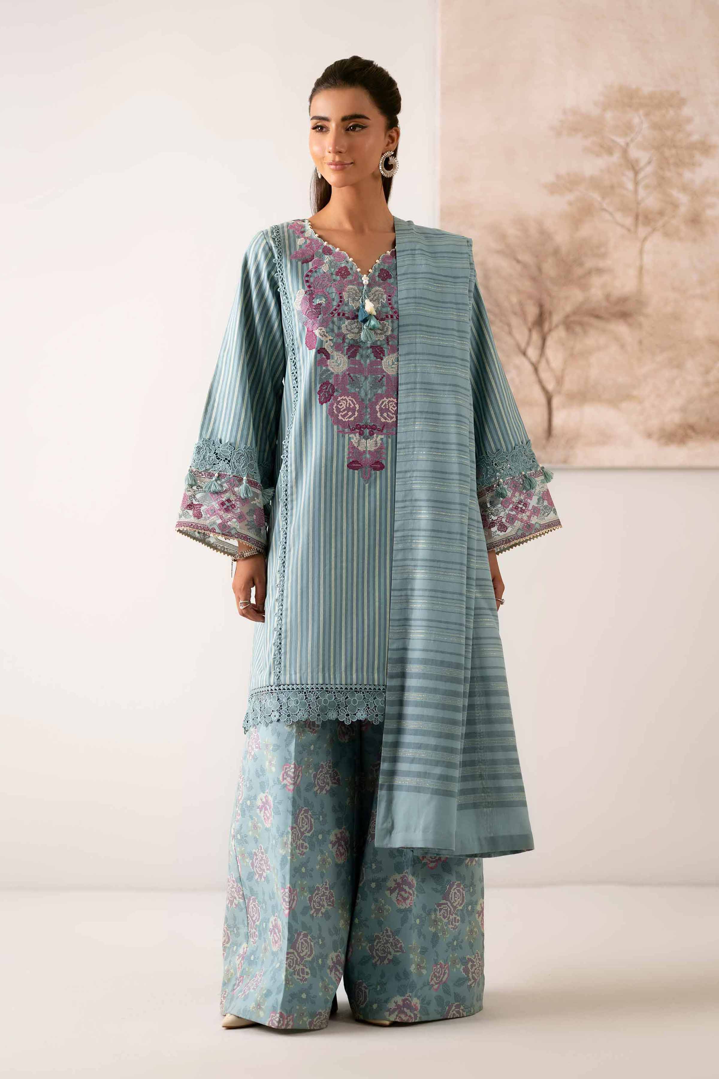NISHATUAE - Teal Embroidered Cambric 3-piece Unstitched Suit