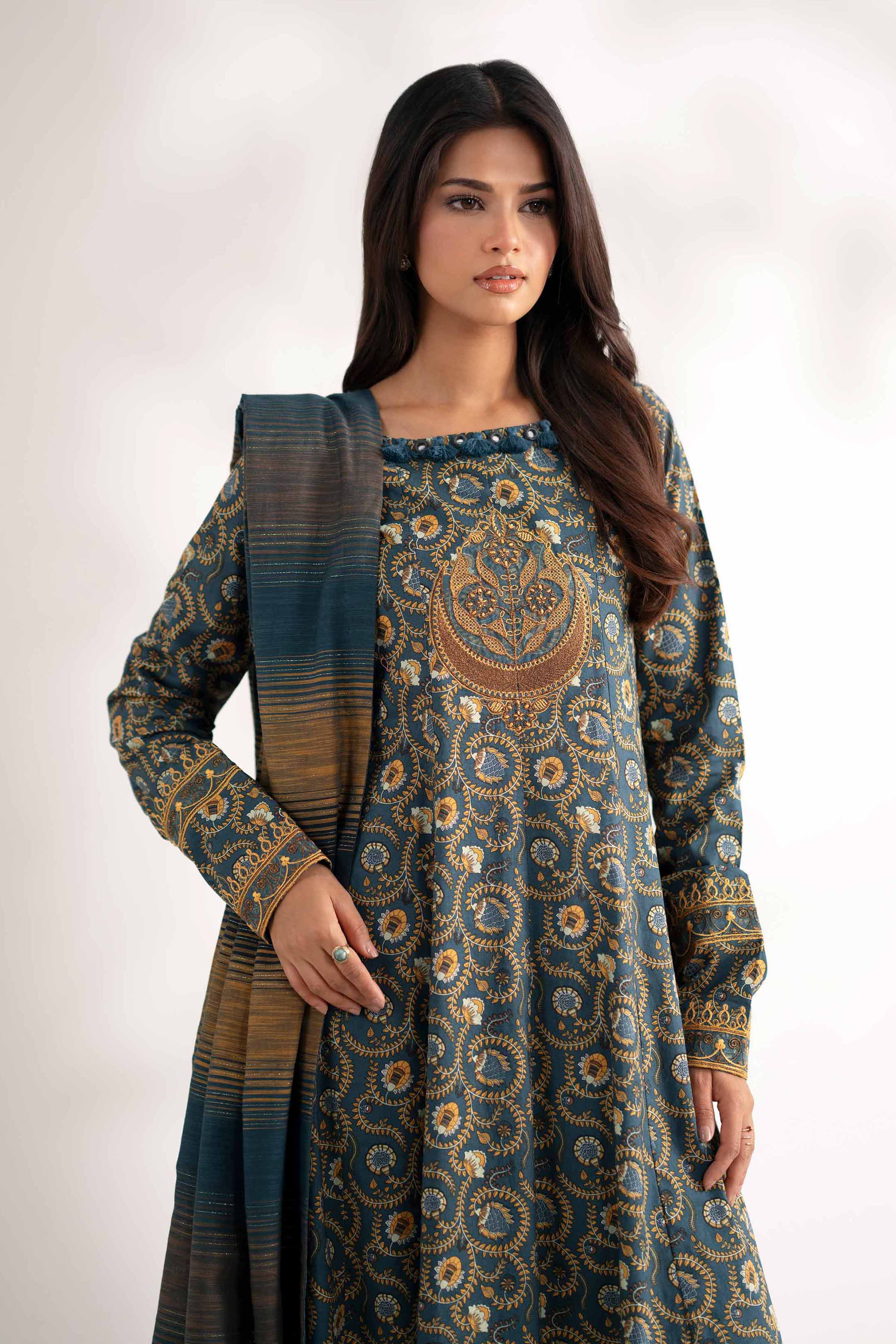 NISHATUAE - Blue Embroidered Cotton 3-piece Unstitched Suit